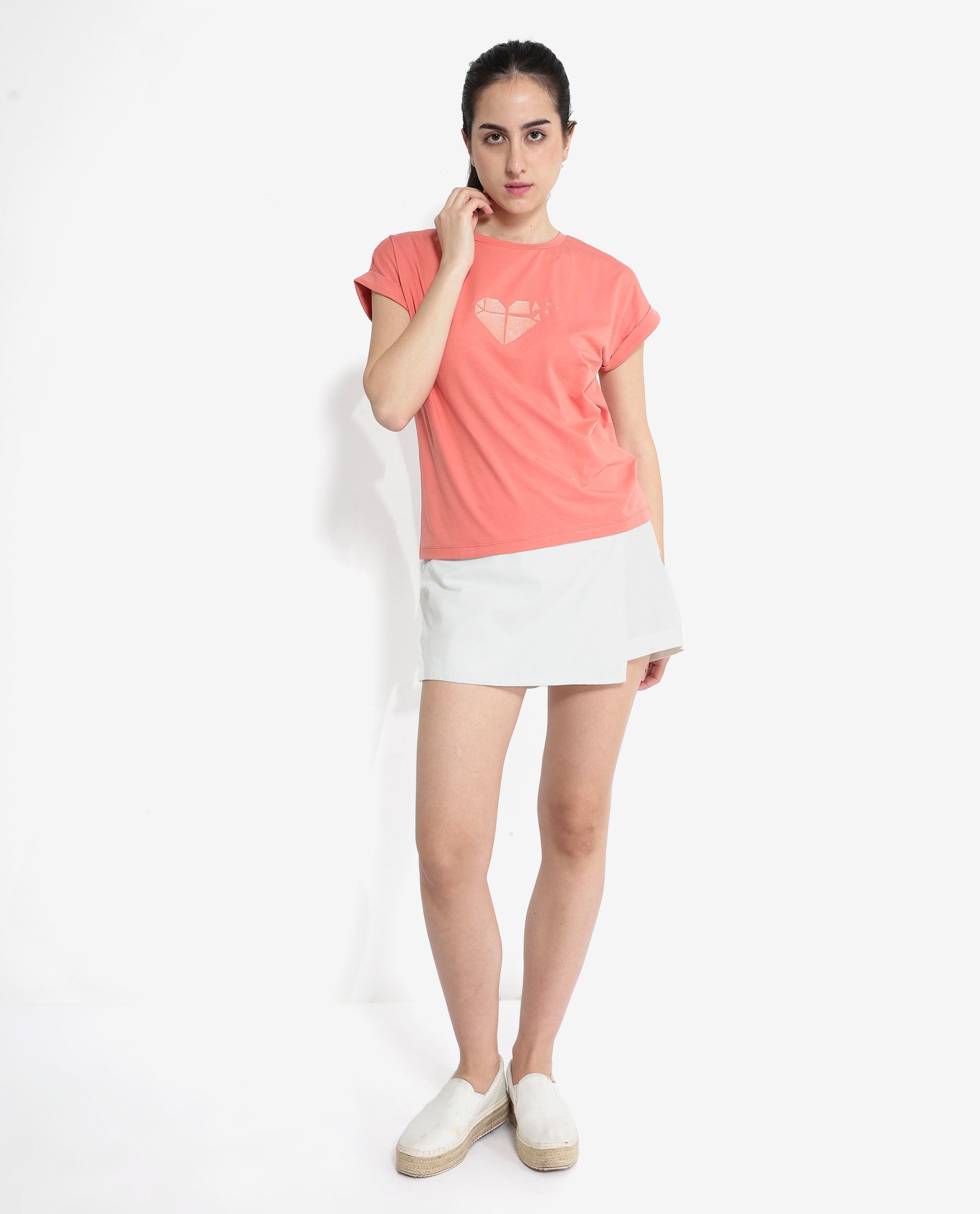 Rareism Women's Brahe Light Orange Cotton Crew Neck Graphic Print Boxy Fit T-Shirt