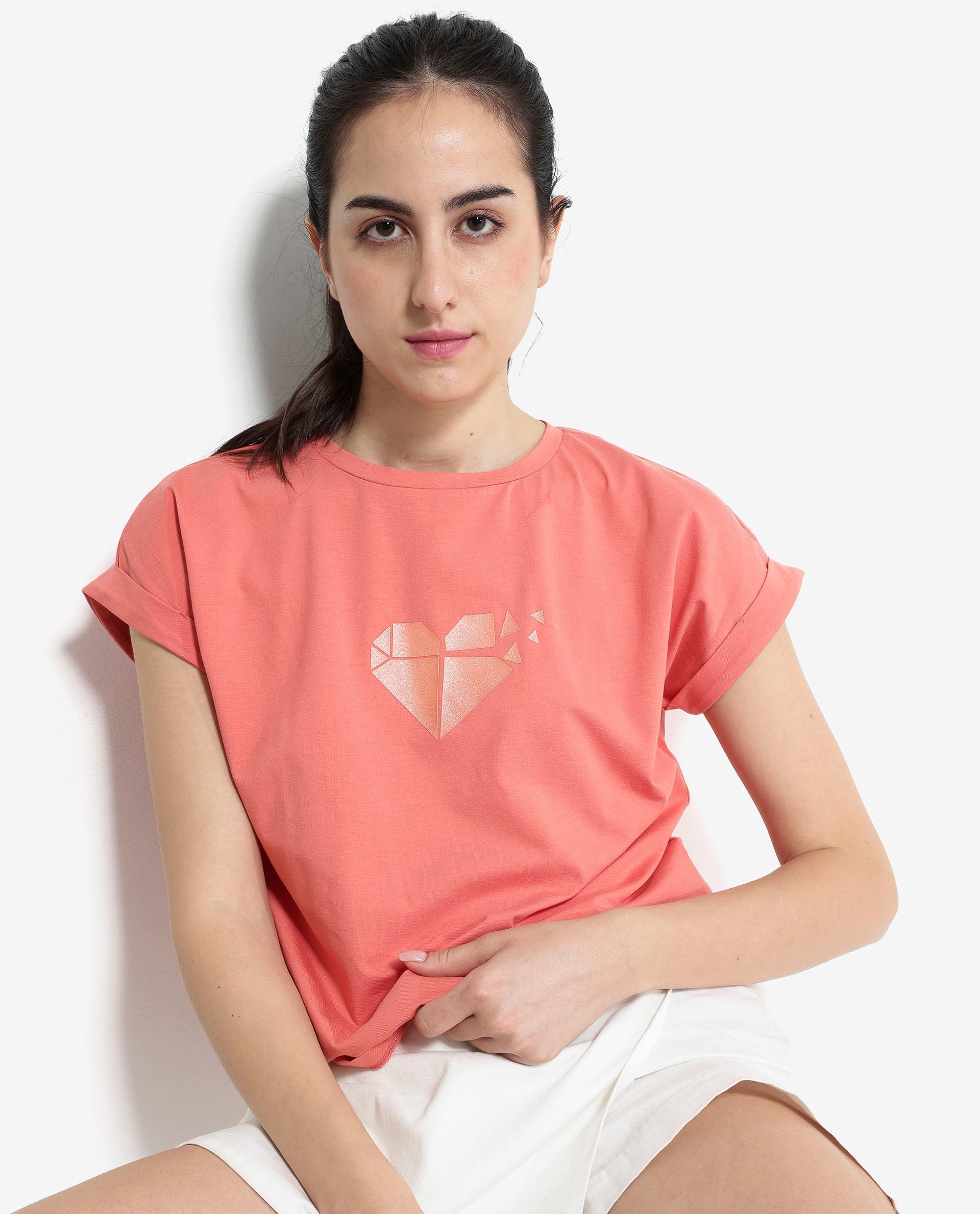 Rareism Women's Brahe Light Orange Cotton Crew Neck Graphic Print Boxy Fit T-Shirt