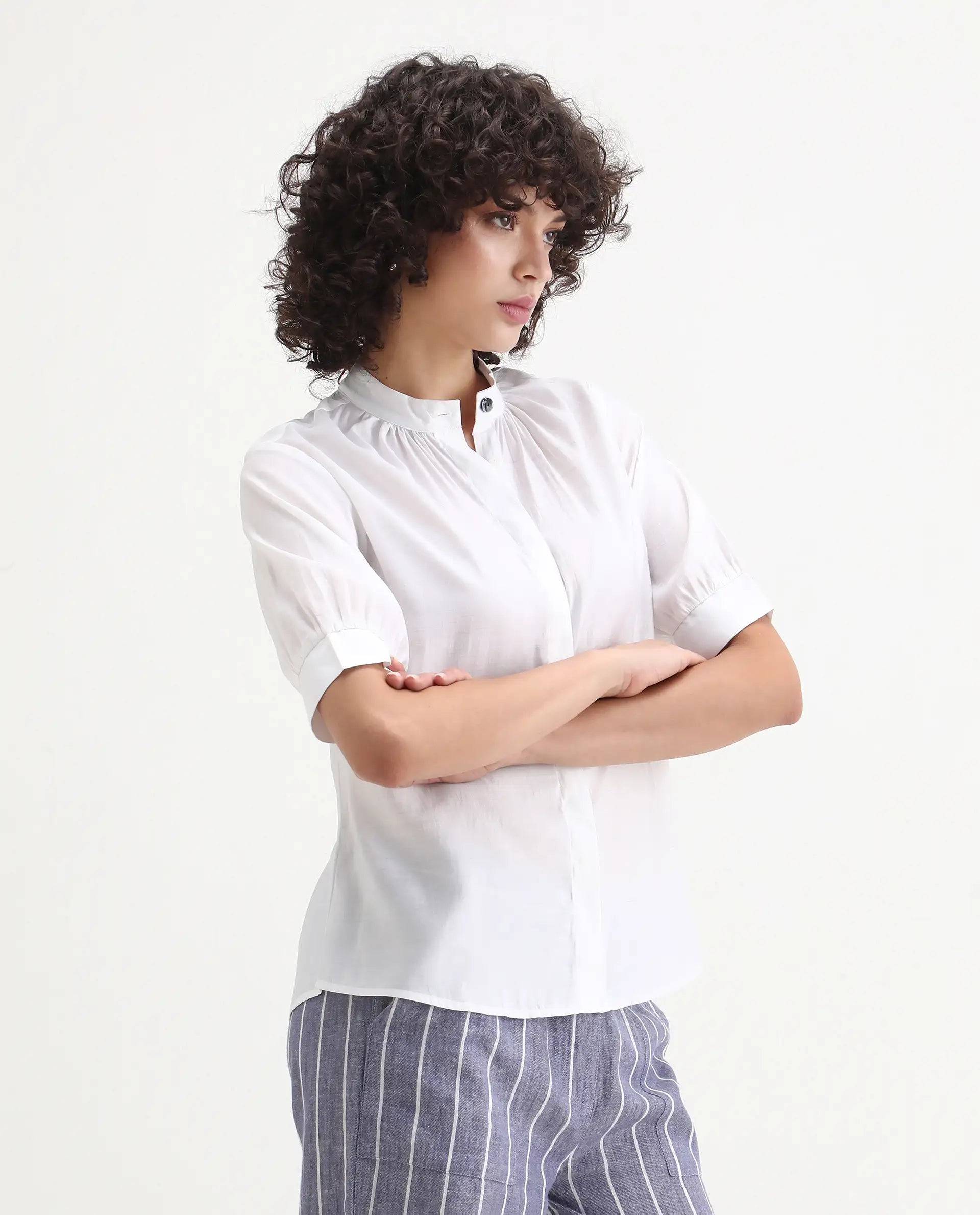 Rareism Women's Breen White Polyester Mandarin Collar Plain Bishop Sleeve Regular Fit Top