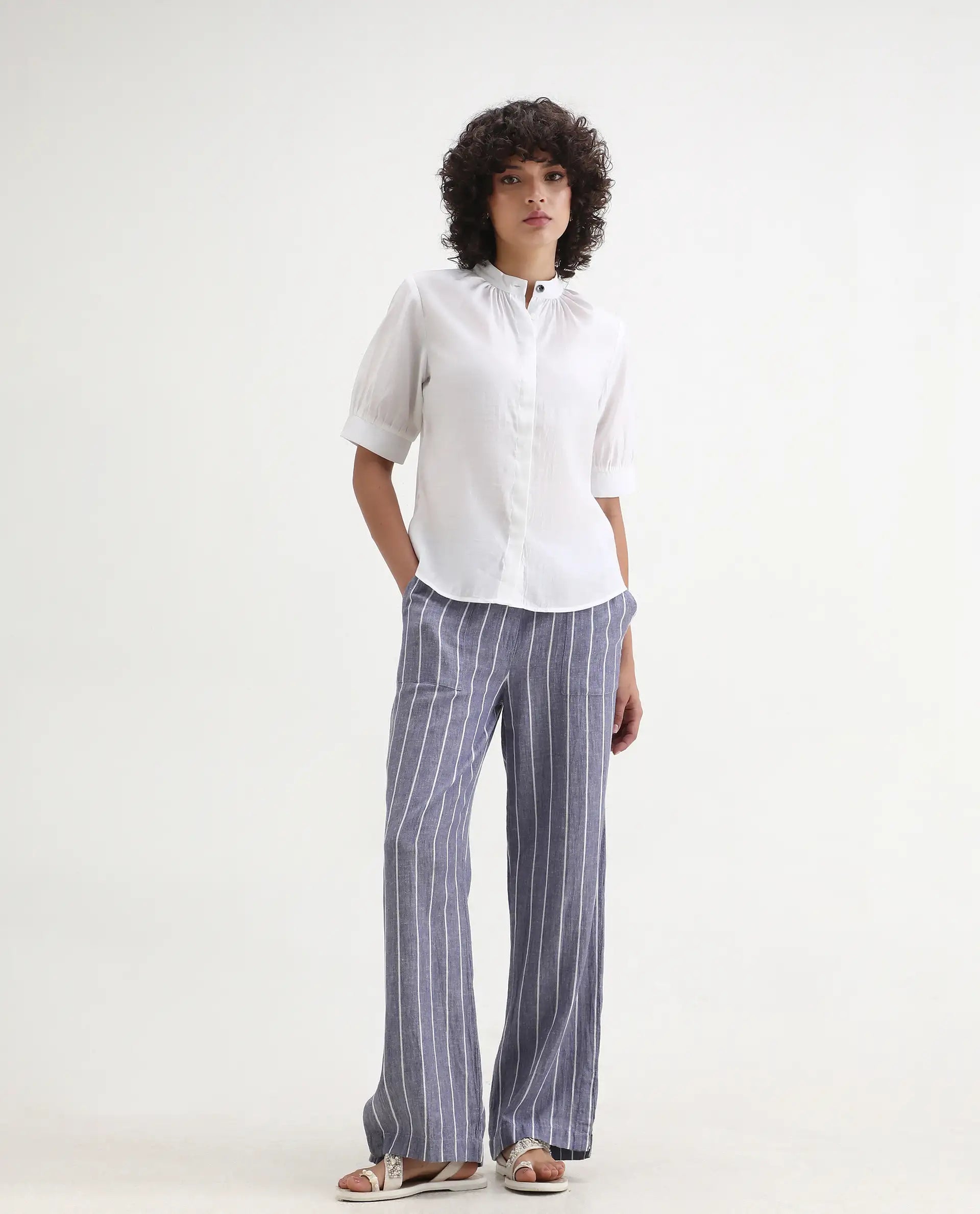 Rareism Women's Breen White Polyester Mandarin Collar Plain Bishop Sleeve Regular Fit Top