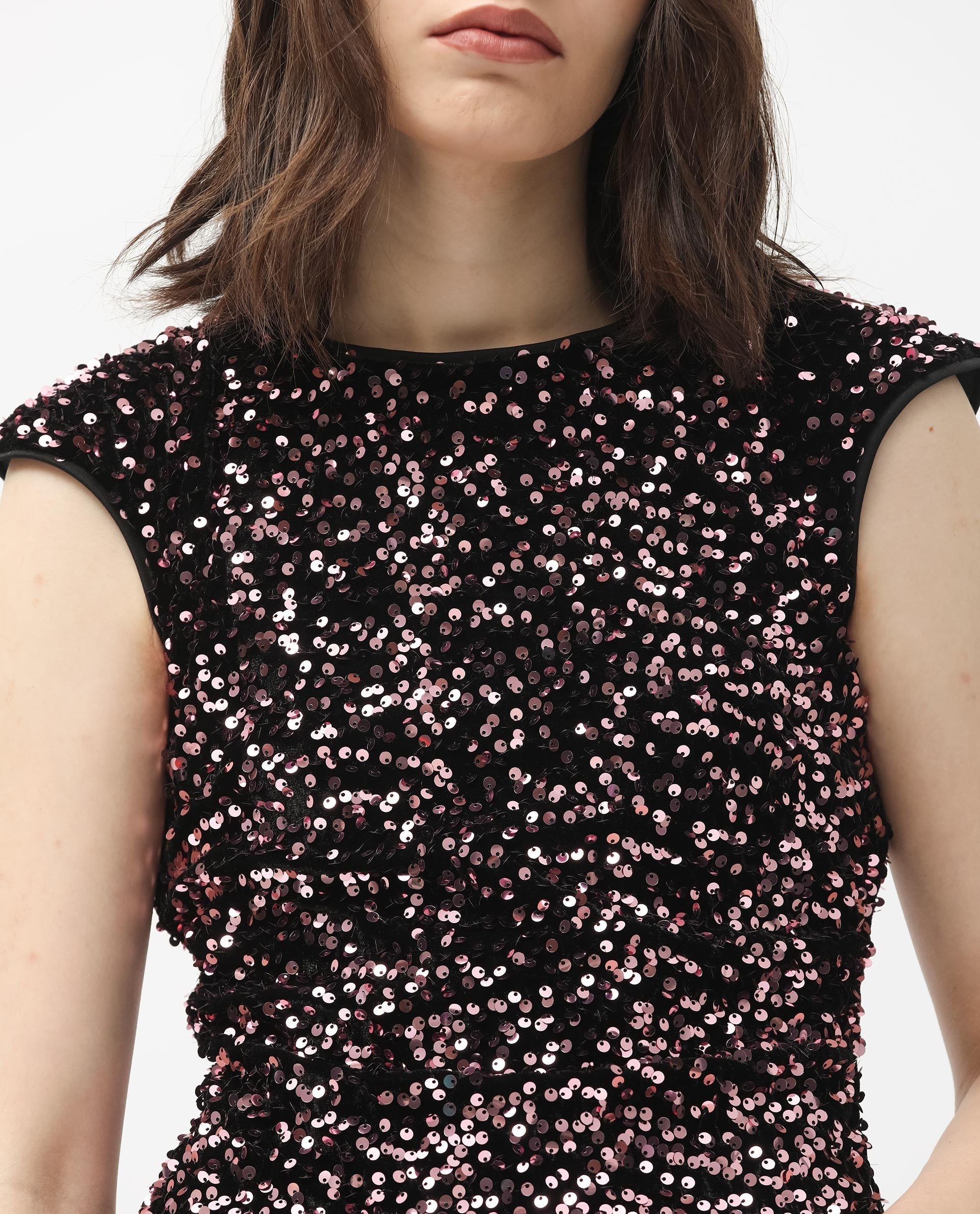 Rareism Women's Briar Sheen Pink Polyester Crew Neck Sequined Extended Sleeves Mini Regular Fit Dress