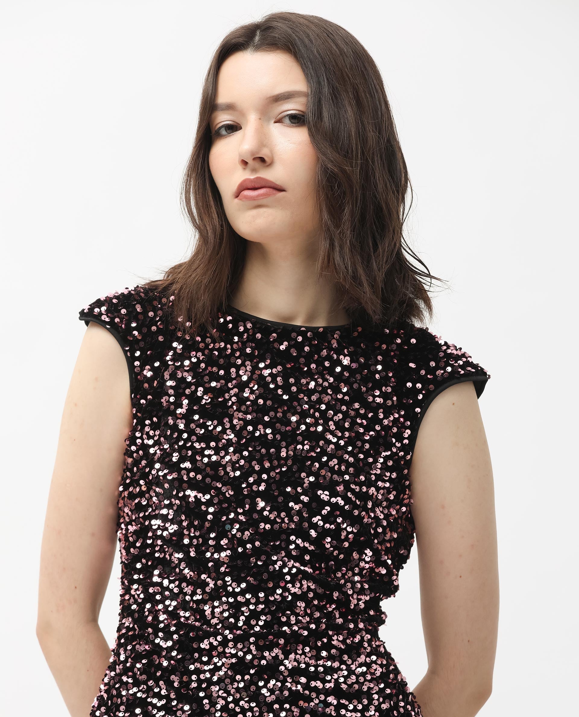 Rareism Women Briar Sheen Pink Polyester Fabric Short Sleeves Zip Closure Round Neck Extended Sleeve Regular Fit Sequined Short Cami Dress