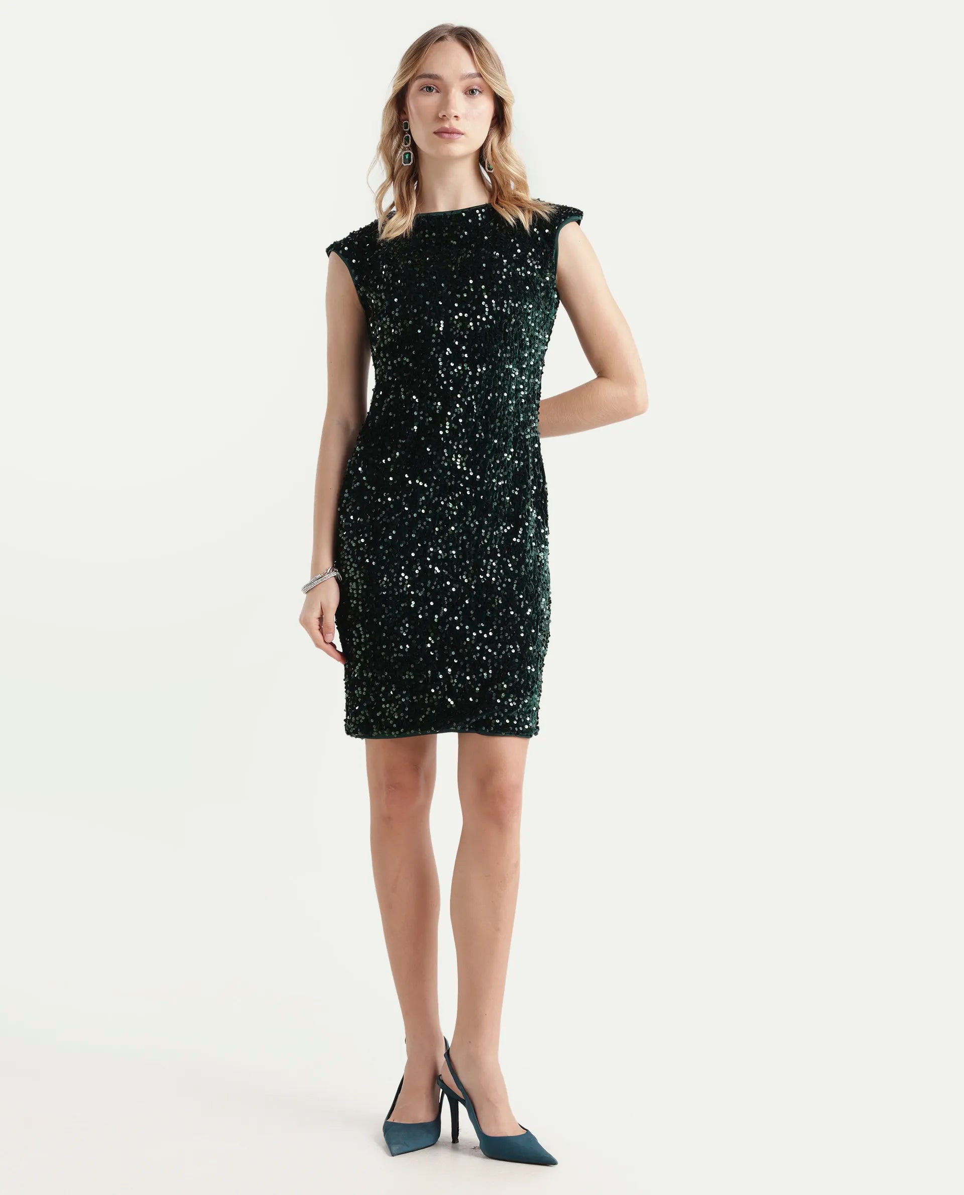 Rareism Women's Briar Sheen Green Polyester Crew Neck Sequined Extended Sleeves Mini Regular Fit Dress