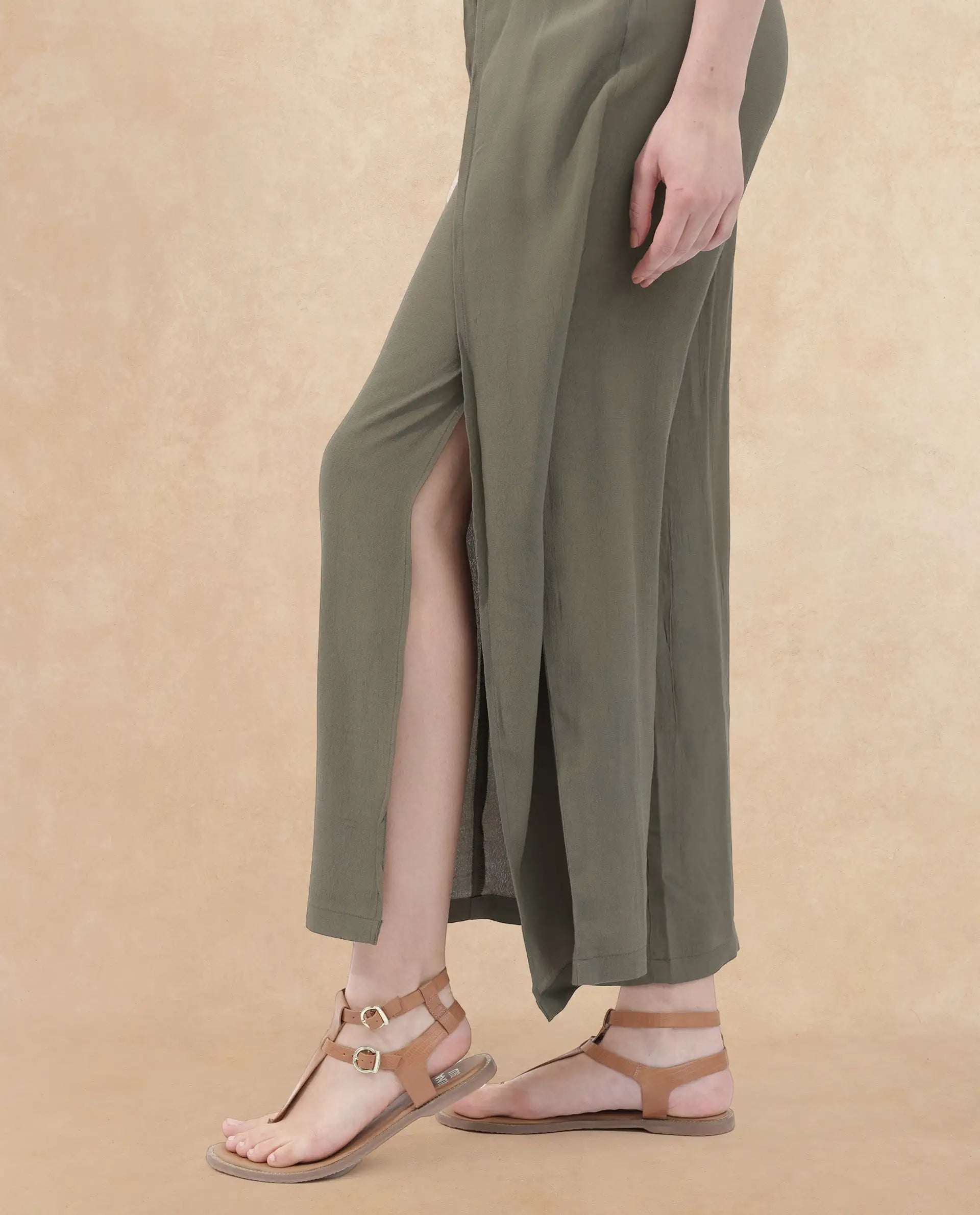 Rareism Women Brodie-B Olive Rayon Fabric Regular Length Trouser