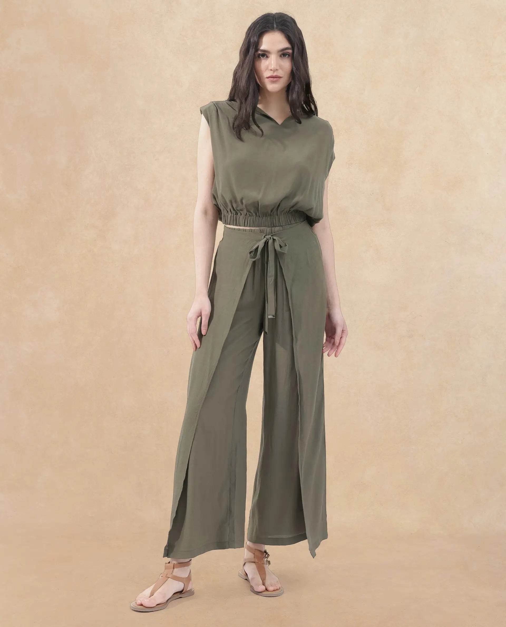 Rareism Women Brodie-B Olive Rayon Fabric Regular Length Trouser