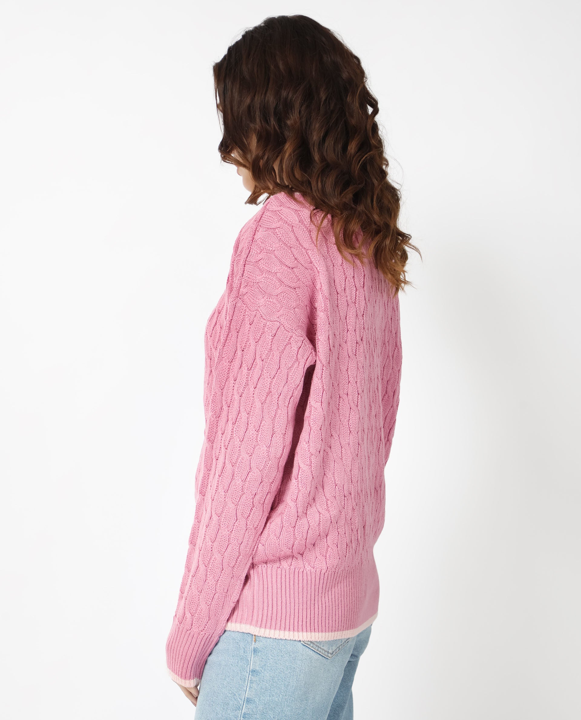 Rareism Women Broun Dusky Pink Acrylic Fabric Full Sleeves V-Neck Relaxed Fit Plain Sweater