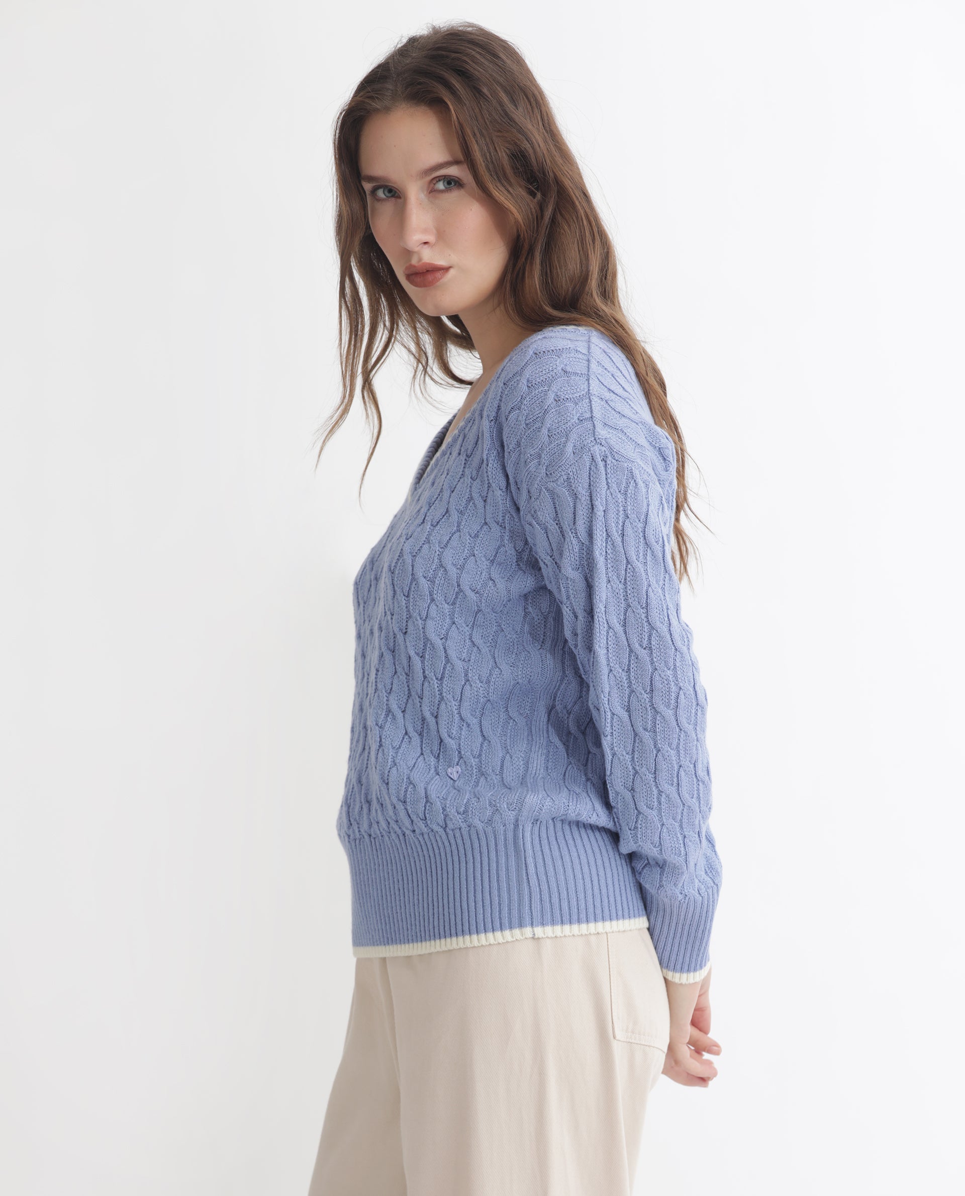 Rareism Women's Broun Light Blue Acrylic V-Neck Plain Relaxed Fit Sweater