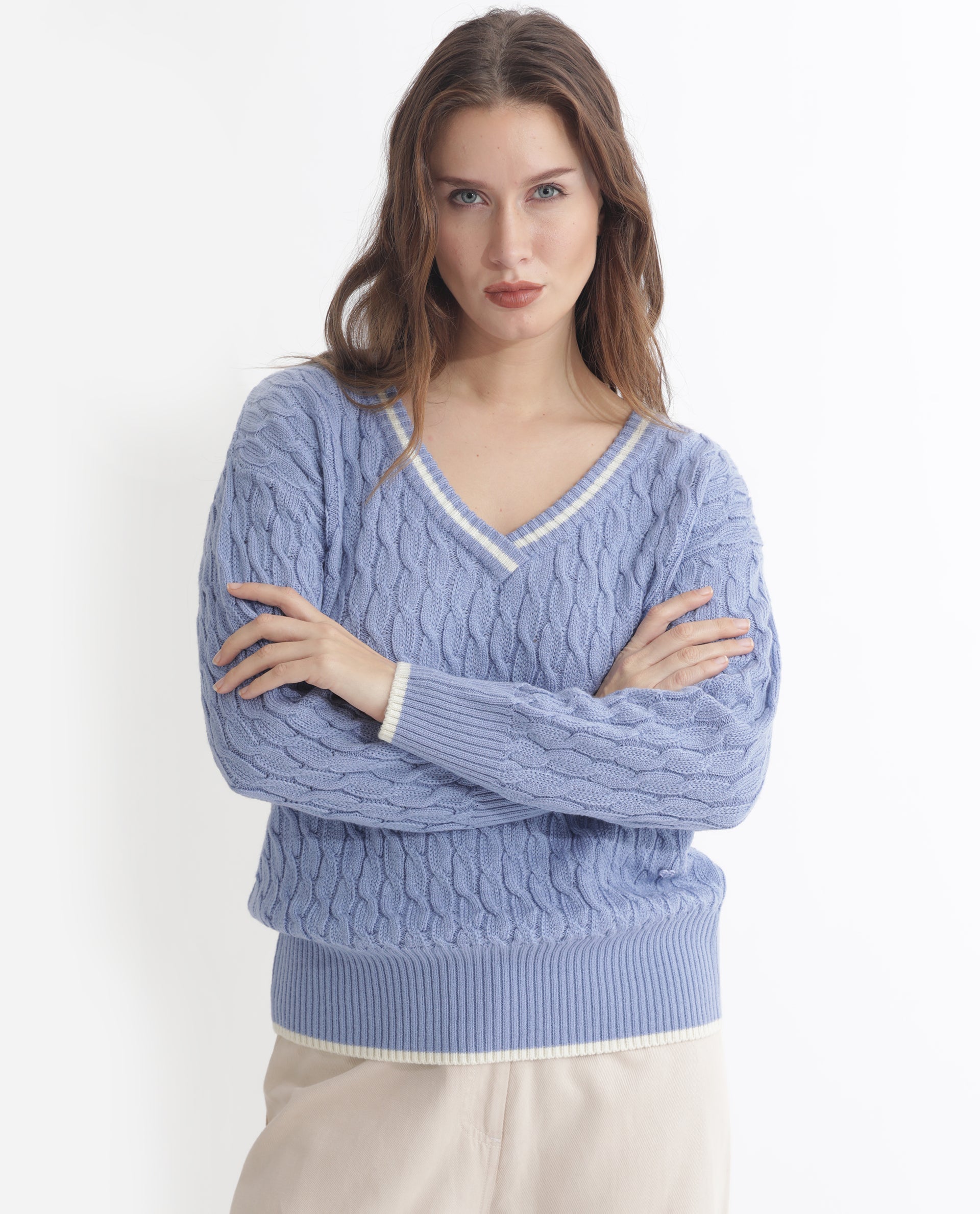 Rareism Women's Broun Light Blue Acrylic V-Neck Plain Relaxed Fit Sweater