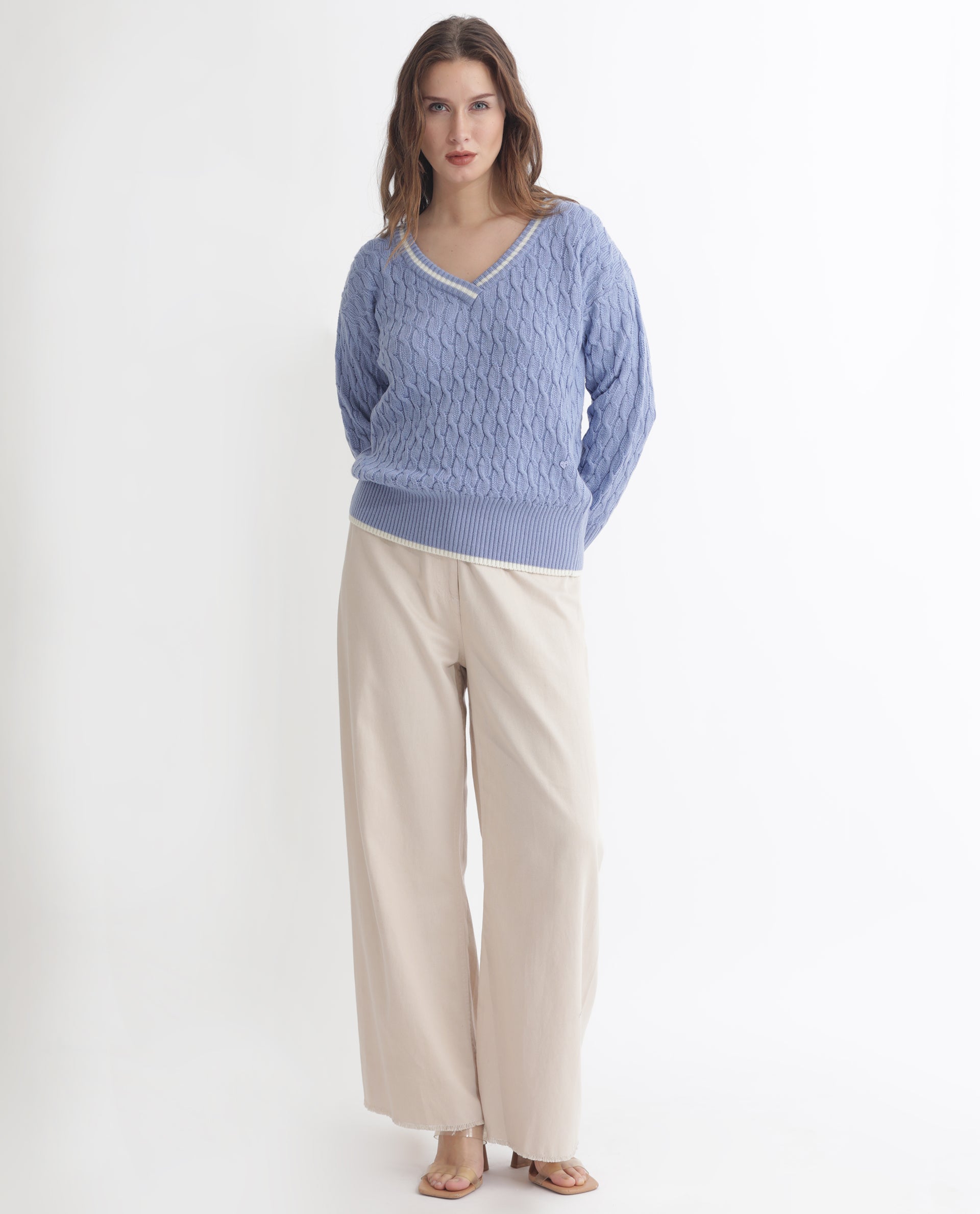 Rareism Women's Broun Light Blue Acrylic V-Neck Plain Relaxed Fit Sweater