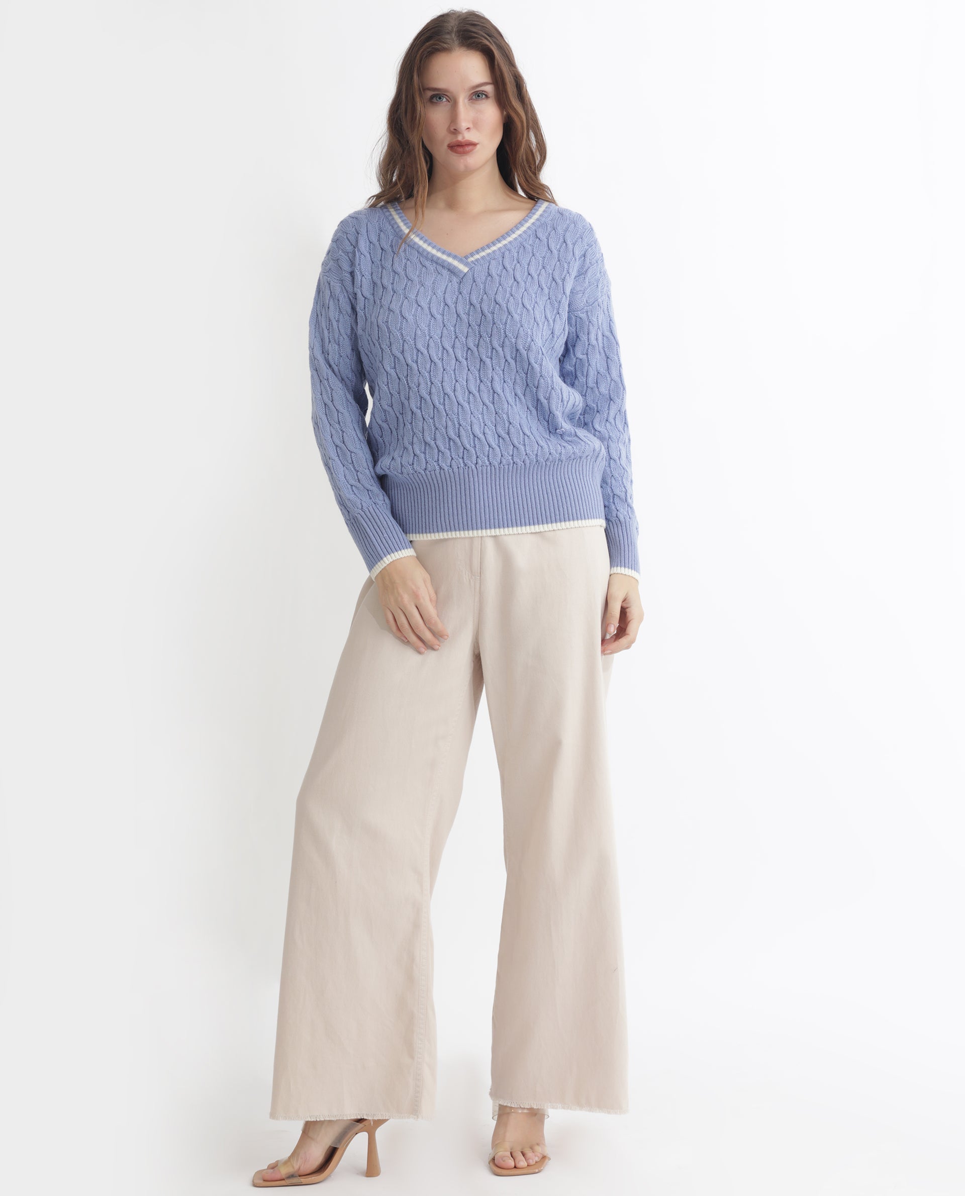 Rareism Women's Broun Light Blue Acrylic V-Neck Plain Relaxed Fit Sweater