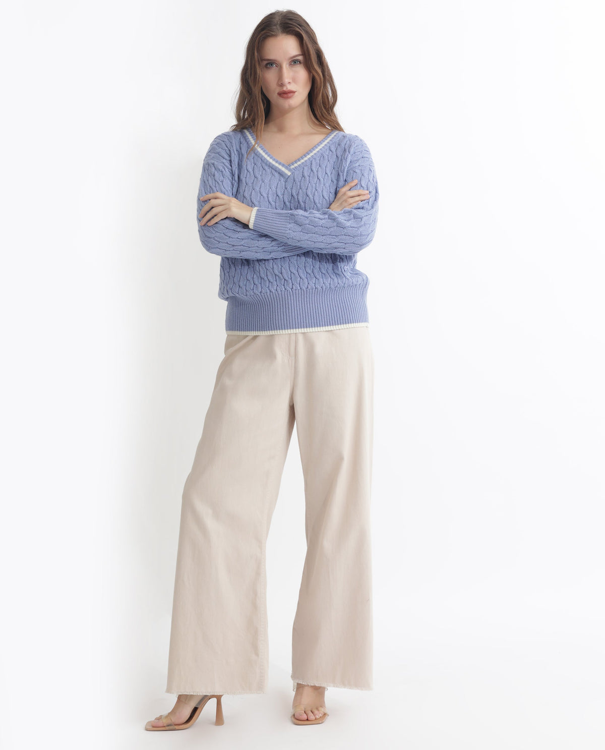 Rareism Women Broun Light Blue Acrylic Fabric Full Sleeves Relaxed Fit Solid V-Neck Sweater