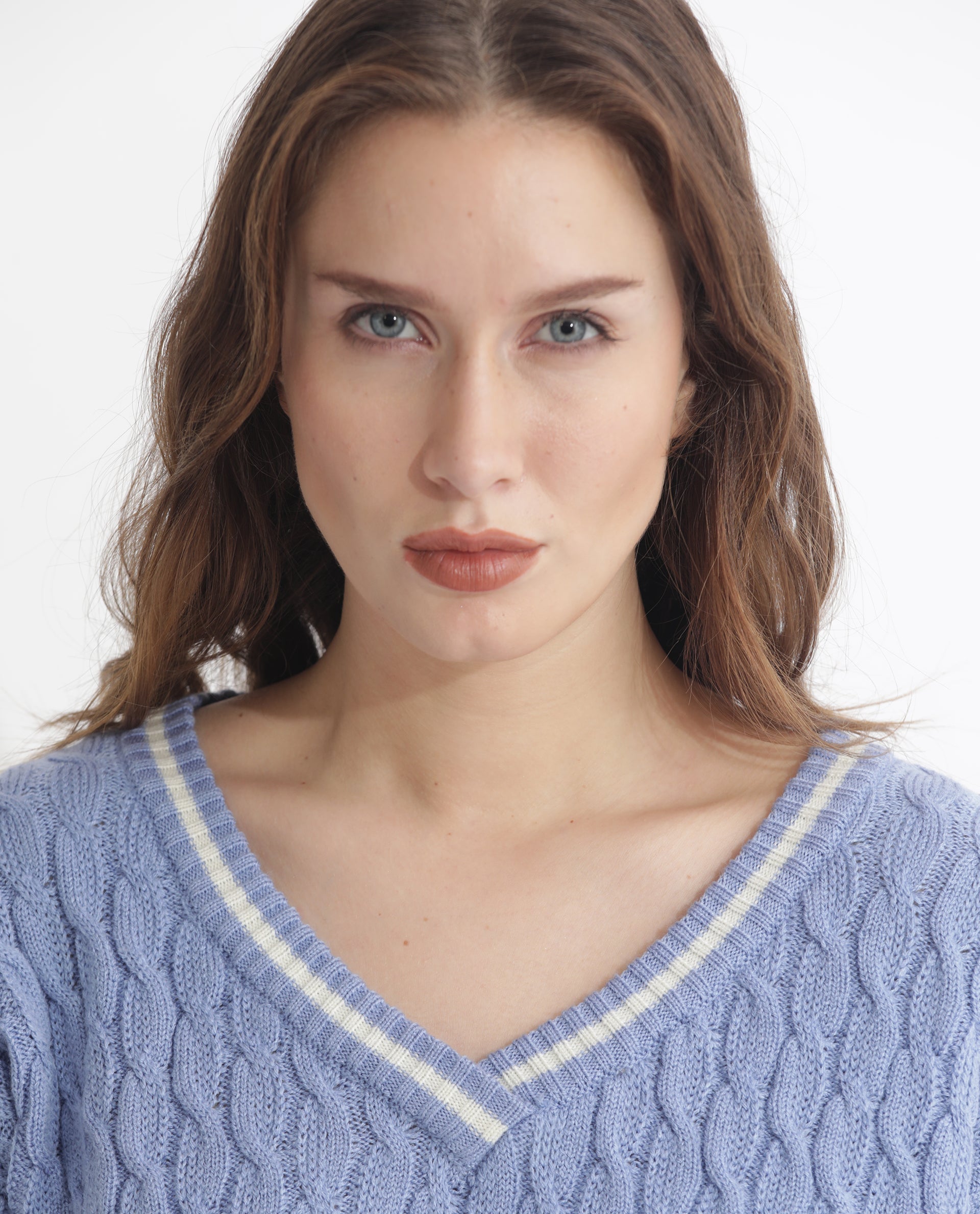 Rareism Women's Broun Light Blue Acrylic V-Neck Plain Relaxed Fit Sweater