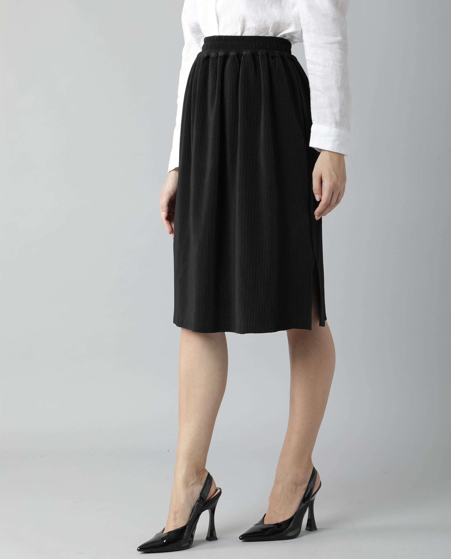 Rareism Womens Browse Black Skirt Pleated Mid Length Back Slit