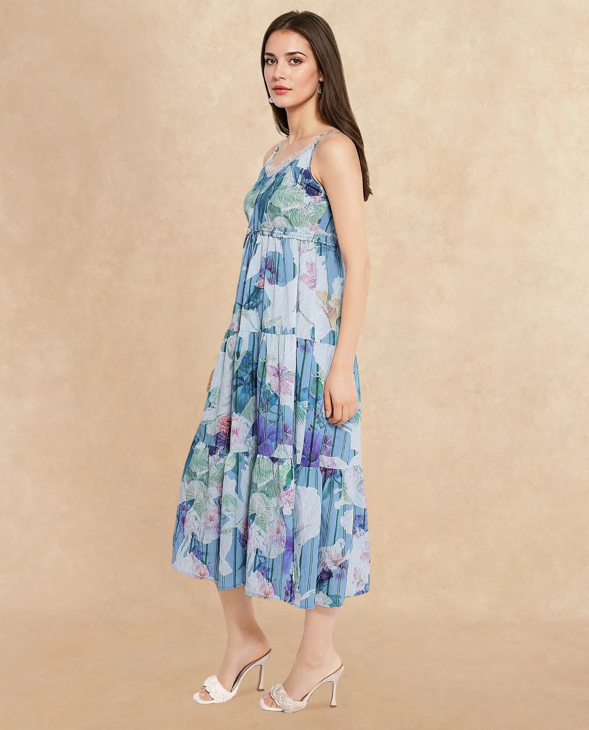 Rareism Women's Btewart Blue Nylon Blend Shoulder Strap Floral Print Shoulder Strap Midi Fit And Flare Dress