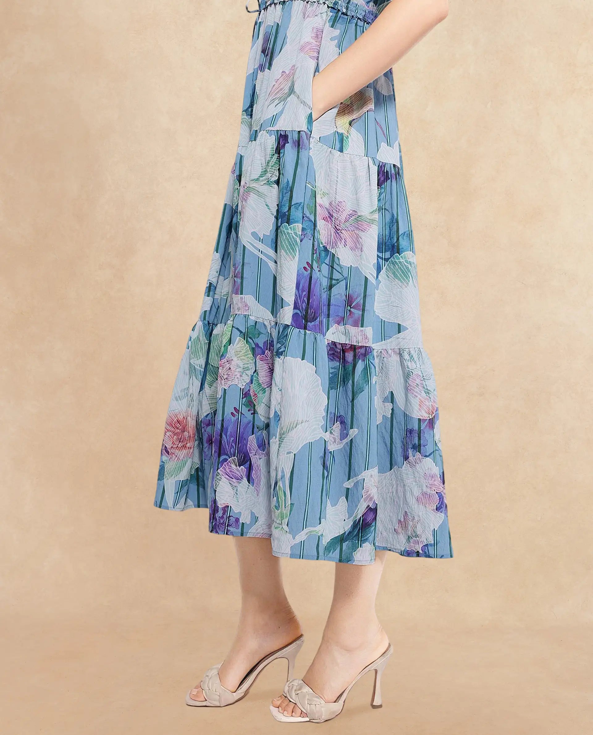 Rareism Women's Btewart Blue Nylon Blend Shoulder Strap Floral Print Shoulder Strap Midi Fit And Flare Dress