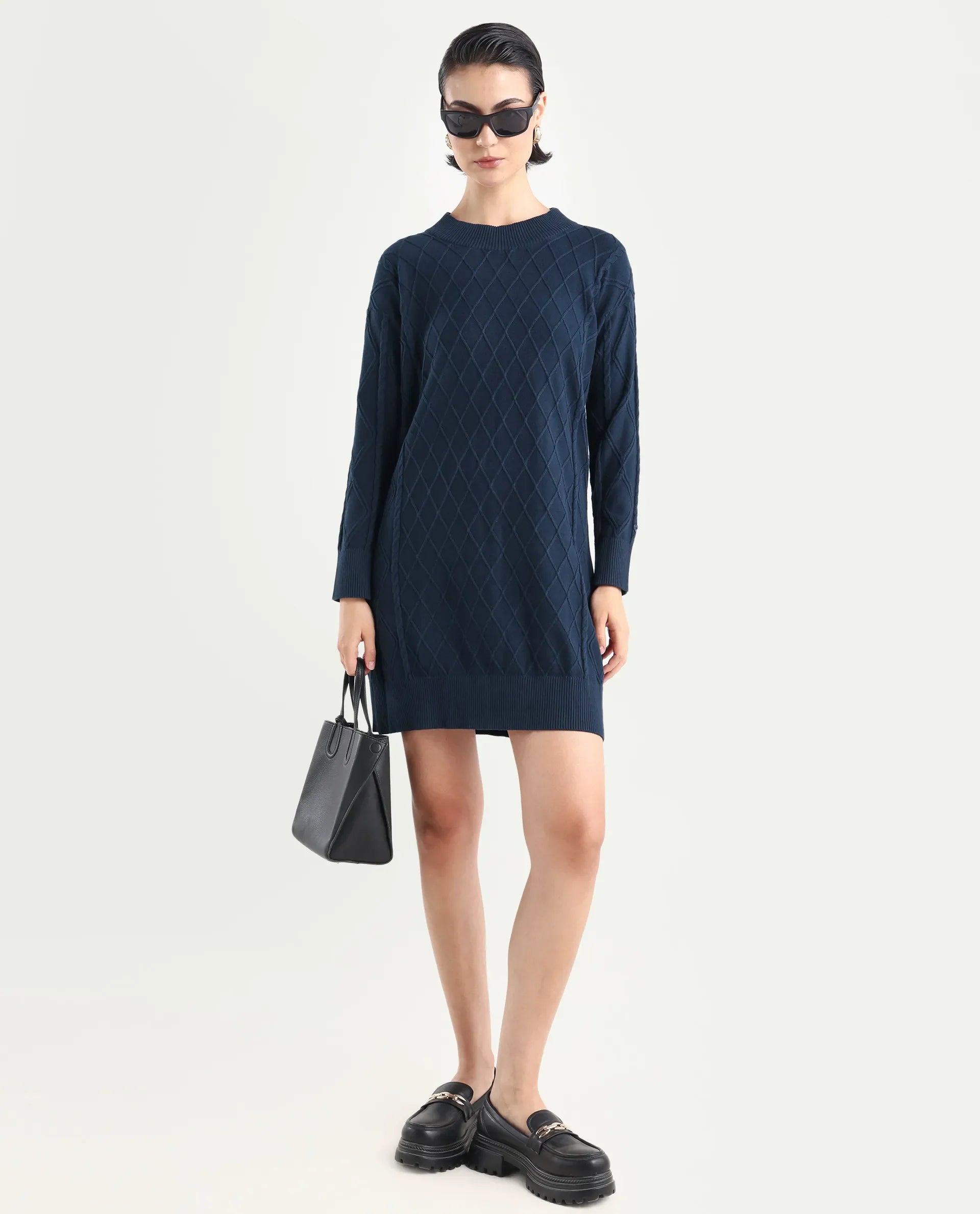 Rareism Women's Budd Navy Cotton Crew Neck Plain Knee Length Regular Fit Sweater