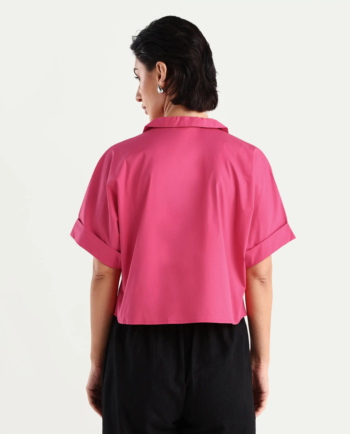 Rareism Women's Buener Pink Cotton Blend Drop Collar Plain Extended Sleeves Crop Boxy Fit Top