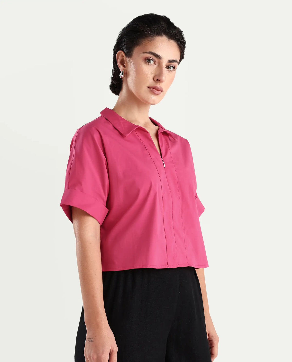 Rareism Women's Buener Pink Cotton Blend Drop Collar Plain Extended Sleeves Crop Boxy Fit Top