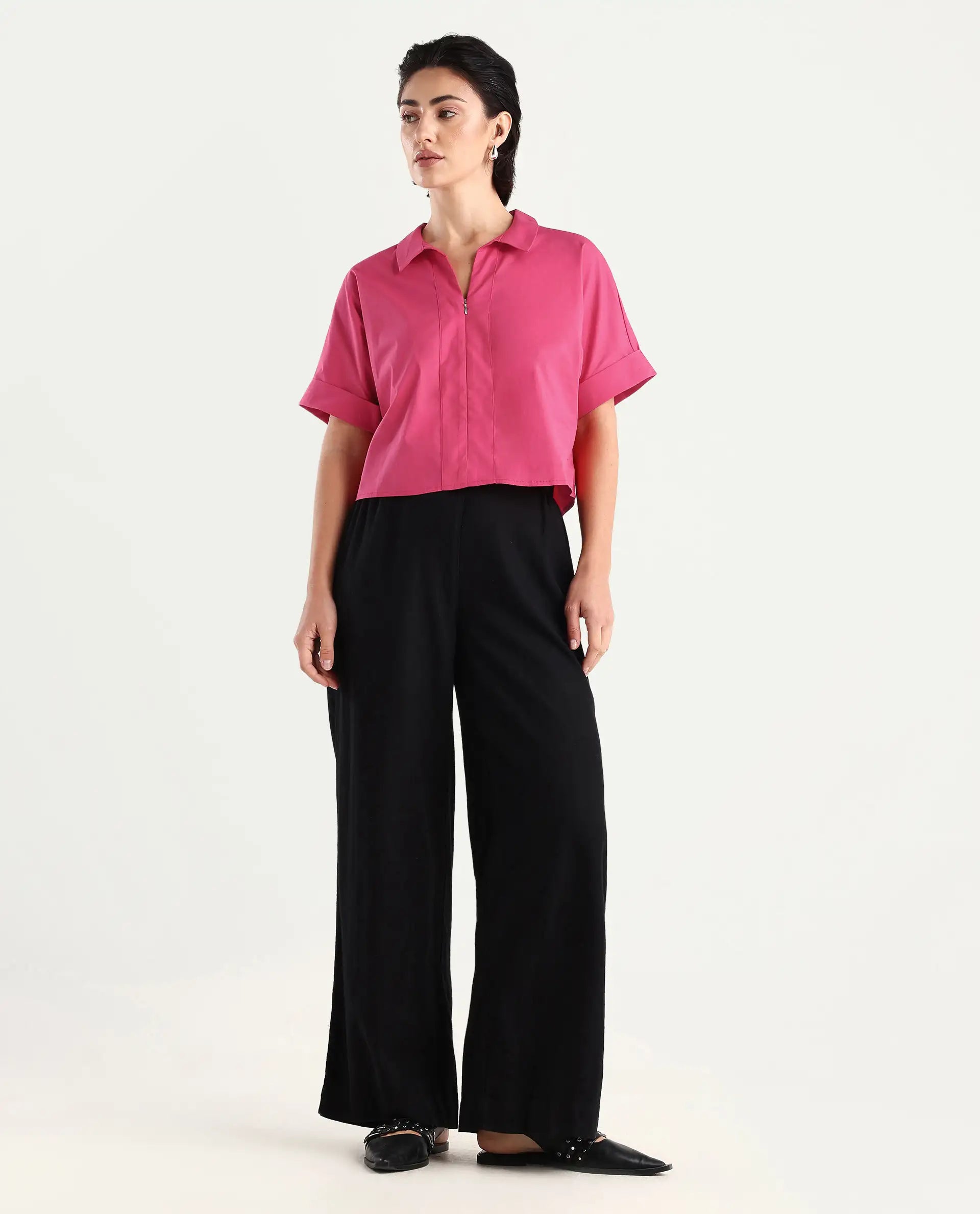 Rareism Women's Buener Pink Cotton Blend Drop Collar Plain Extended Sleeves Crop Boxy Fit Top