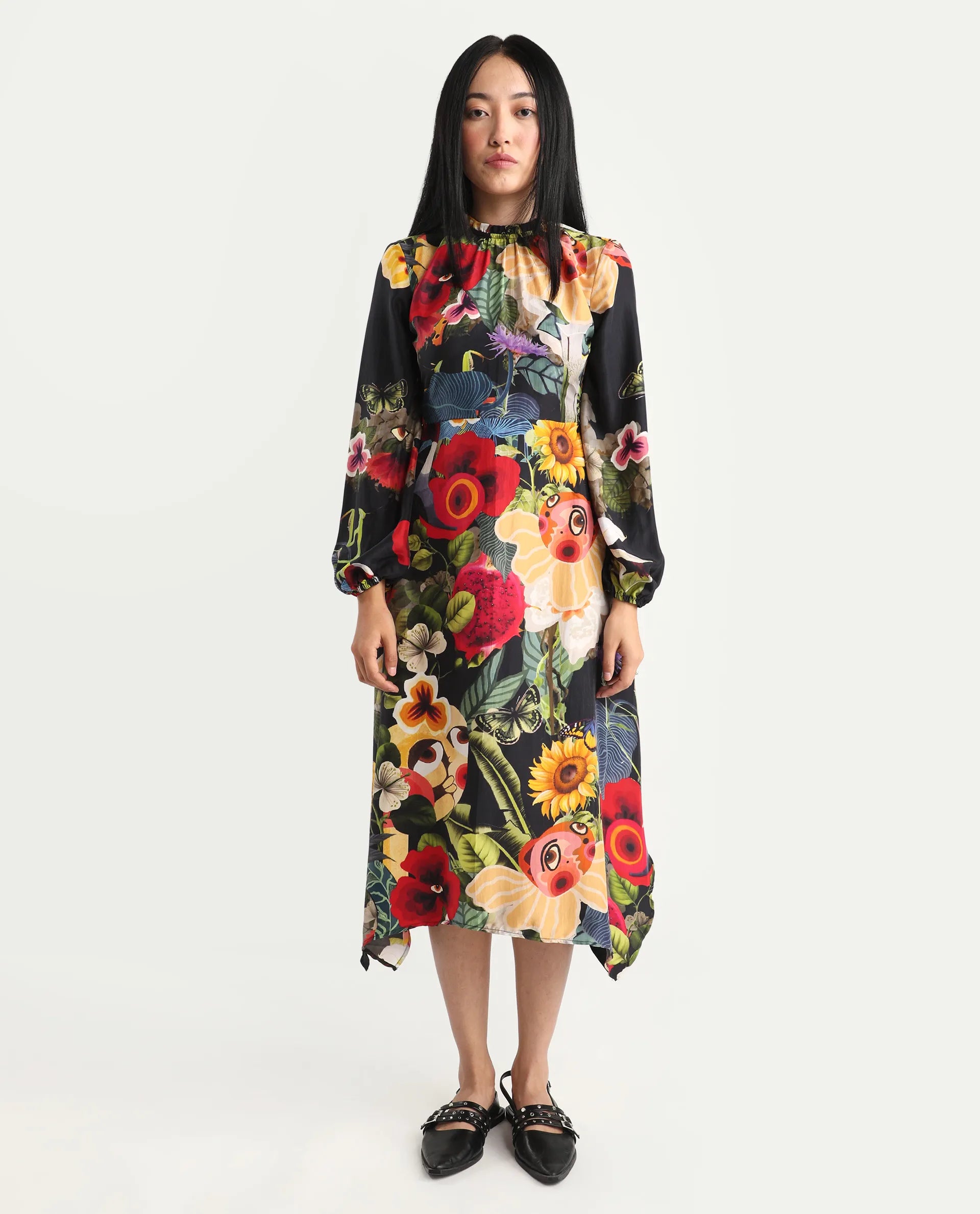 Rareism Women's Bufuz Black Silk Half Sleeve Flared Abstract Print Dress