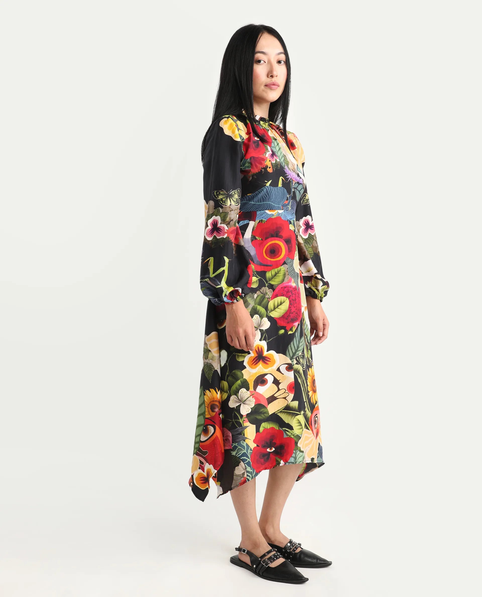 Rareism Women's Bufuz Black Silk Half Sleeve Flared Abstract Print Dress