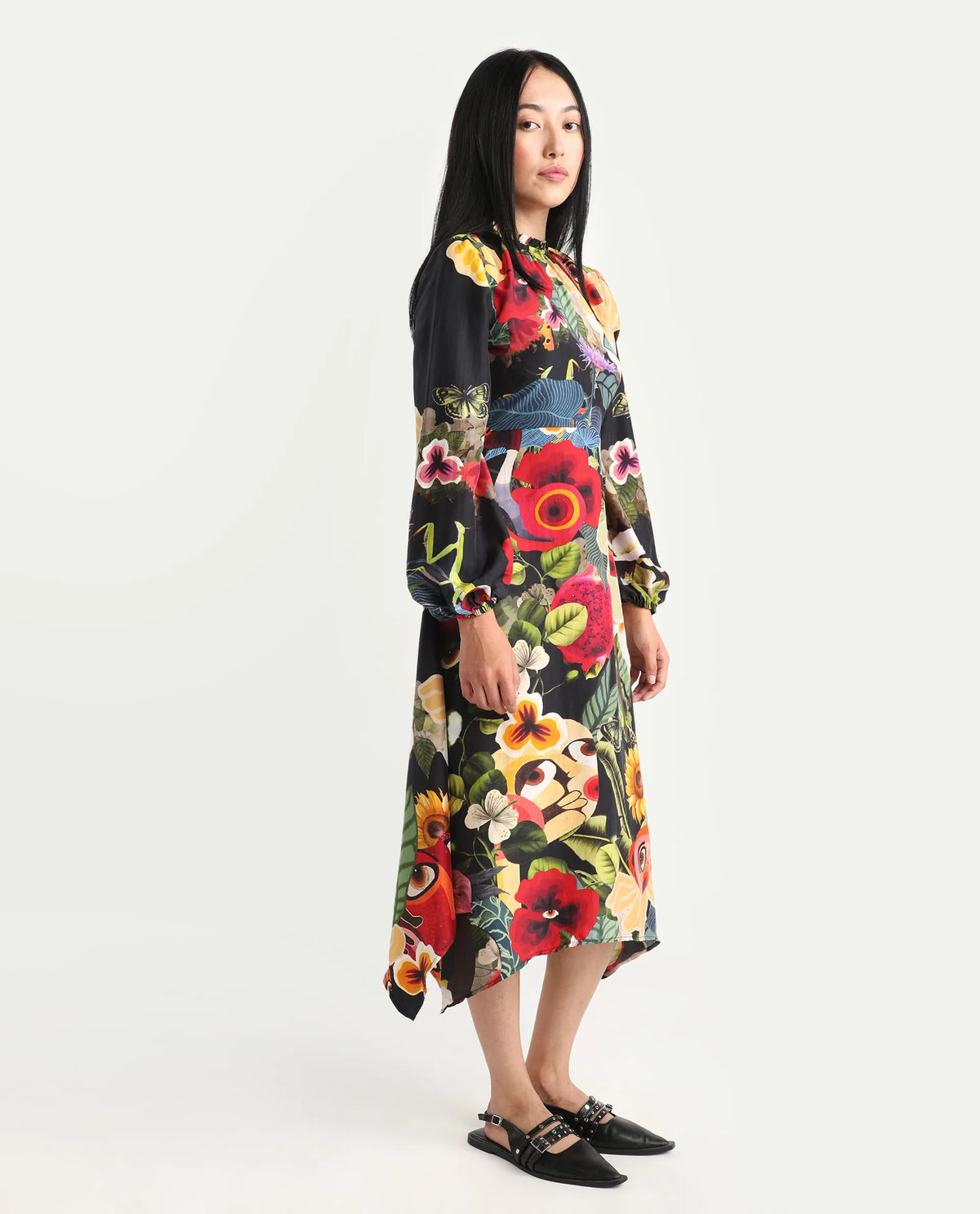 Rareism Women's Bufuz Black Silk Half Sleeve Flared Abstract Print Dress