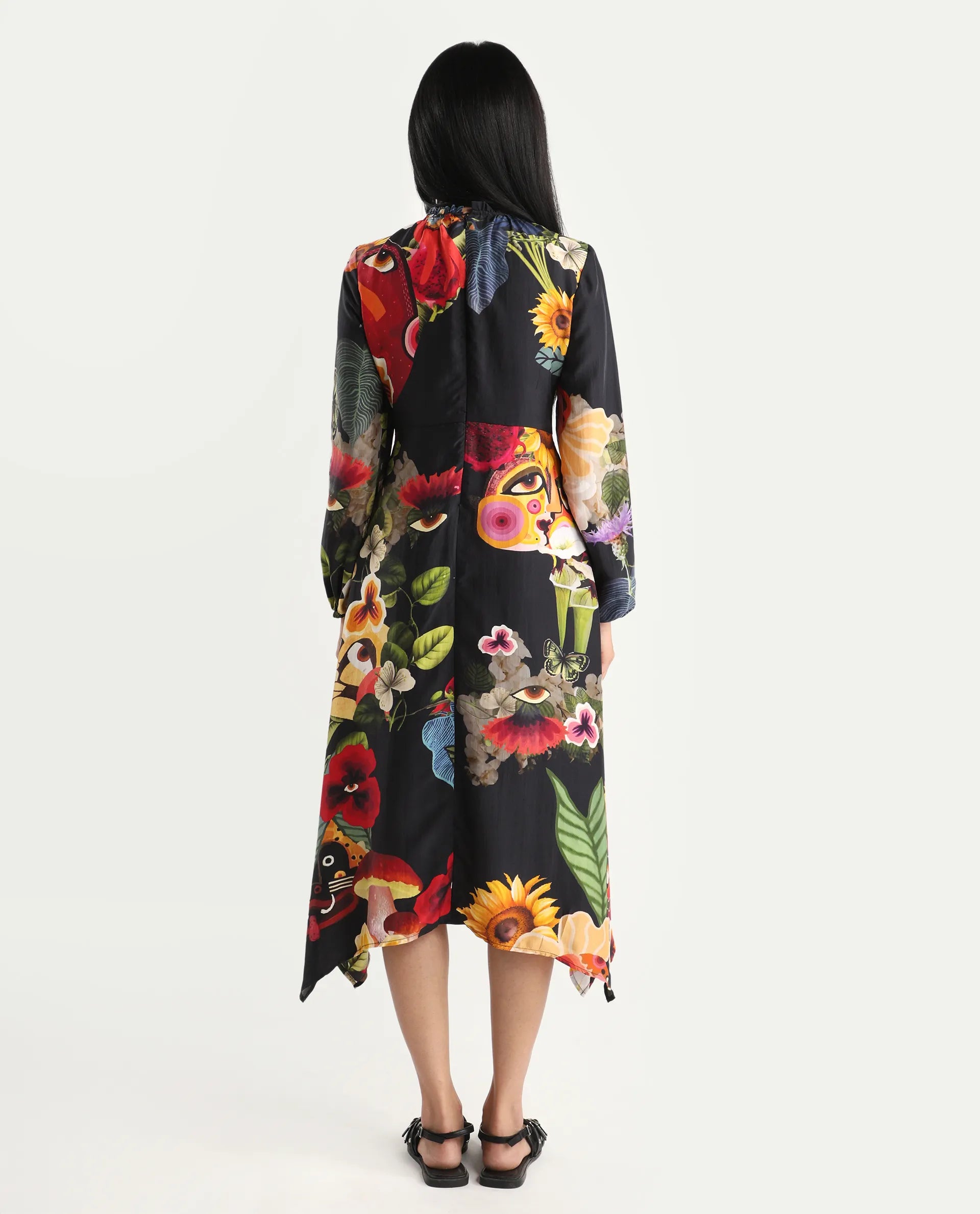 Rareism Women's Bufuz Black Silk Half Sleeve Flared Abstract Print Dress