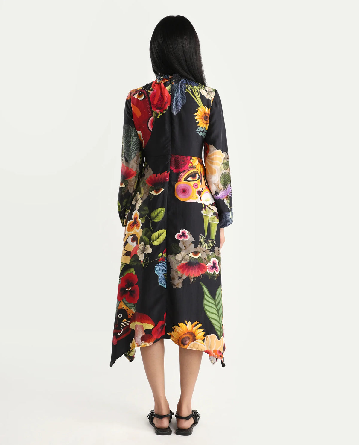 Rareism Women's Bufuz Black Silk Half Sleeve Flared Abstract Print Dress