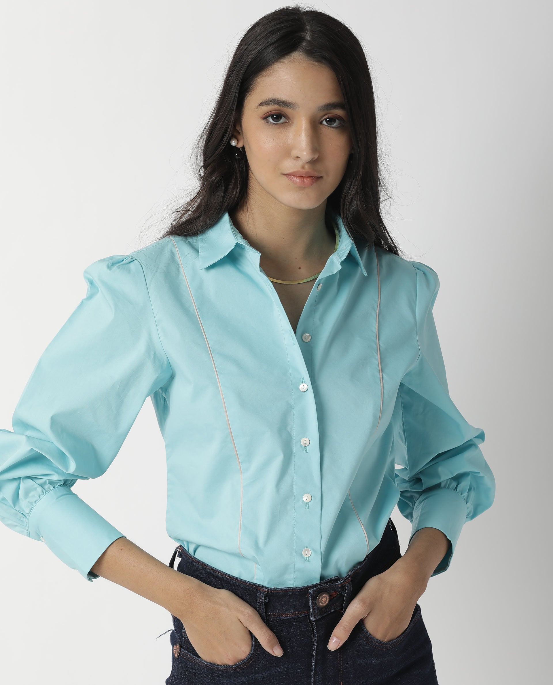 Rareism Women Bumble Blue Cotton Lycra Fabric Regular Fit Shirt Collar Full Sleeves Solid Top