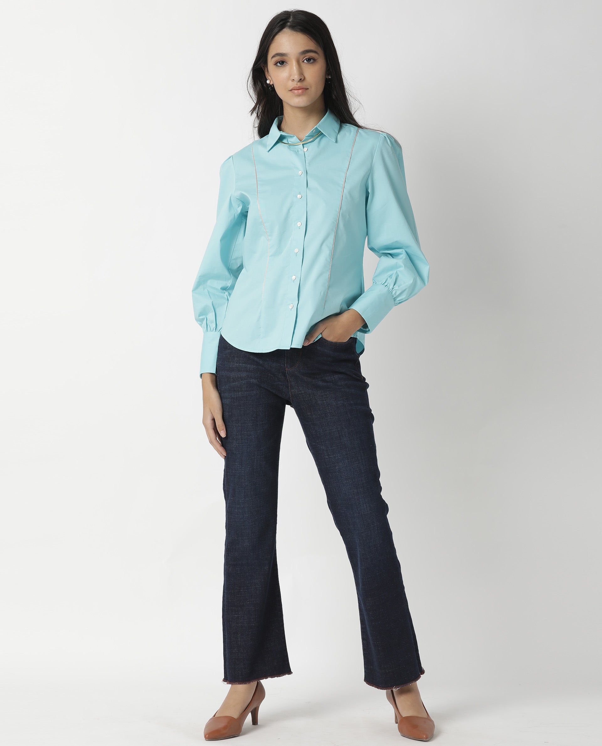 Rareism Women Bumble Blue Cotton Lycra Fabric Regular Fit Shirt Collar Full Sleeves Solid Top