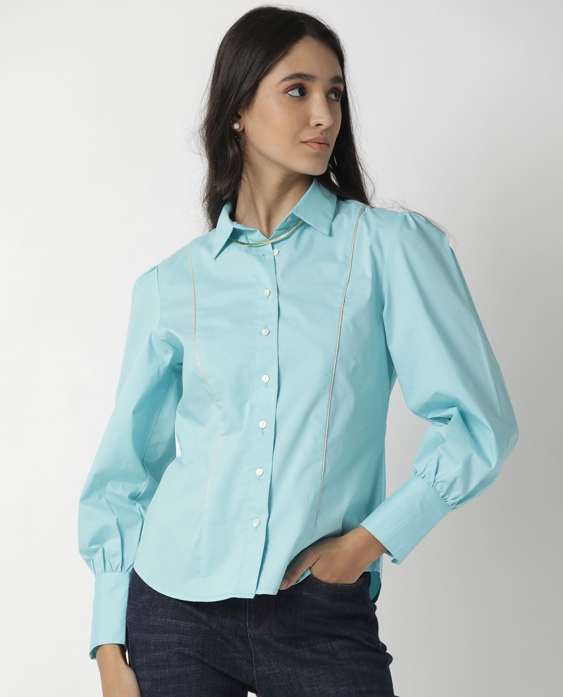 Rareism Women Bumble Blue Cotton Lycra Fabric Regular Fit Shirt Collar Full Sleeves Solid Top