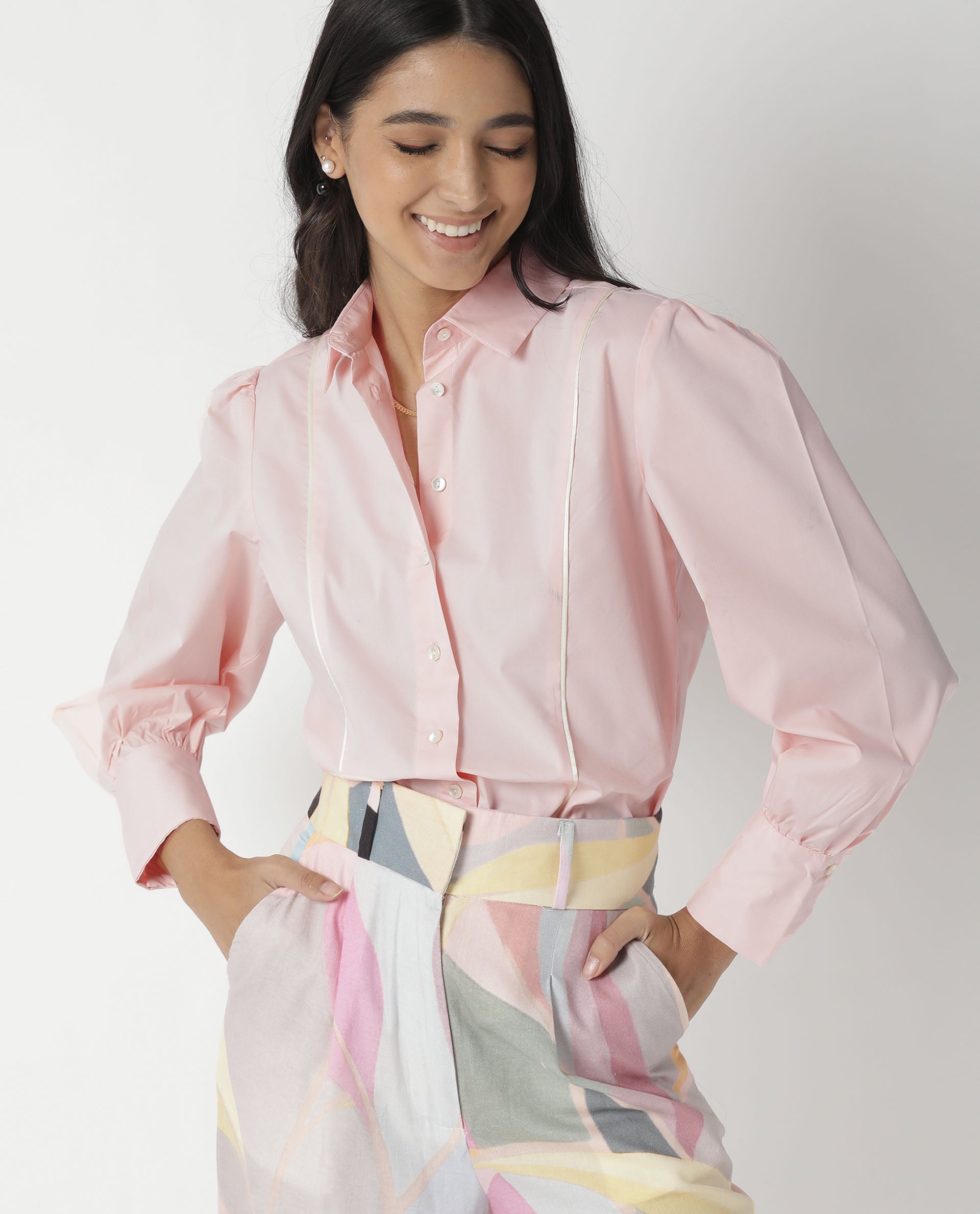 Rareism Womens Bumble Pink Top Cotton Lycra Fabric Regular Fit Cuffed Sleeve Collared Neck