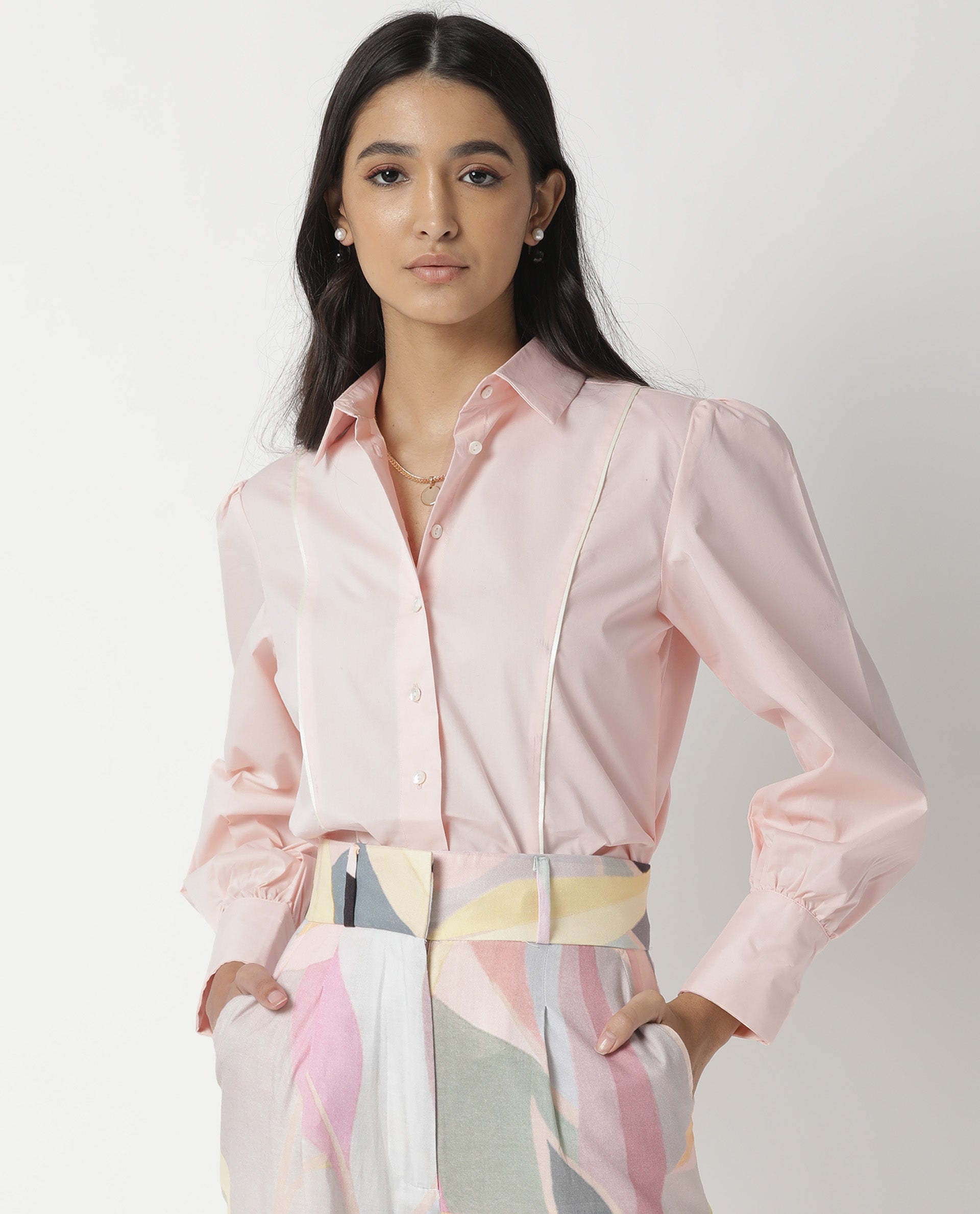 Rareism Womens Bumble Pink Top Cotton Lycra Fabric Regular Fit Cuffed Sleeve Collared Neck