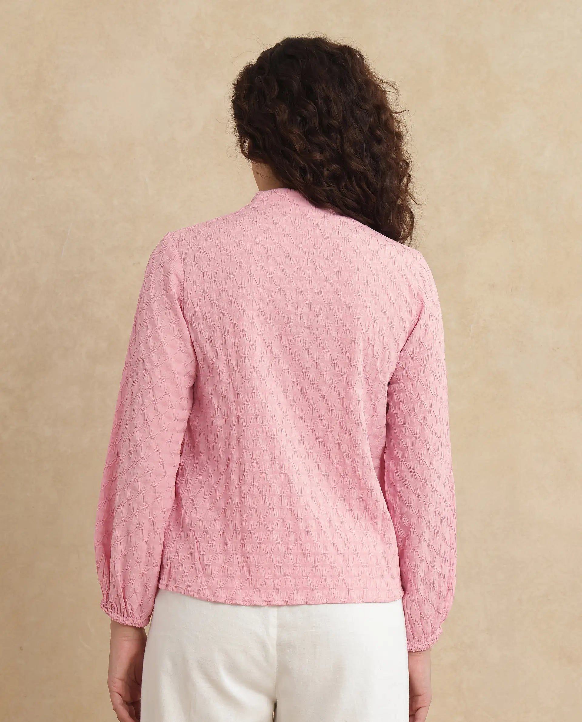 Rareism Women's Bummo Light Pink Polyester V-Neck Plain Balloon Sleeve Regular Fit Top