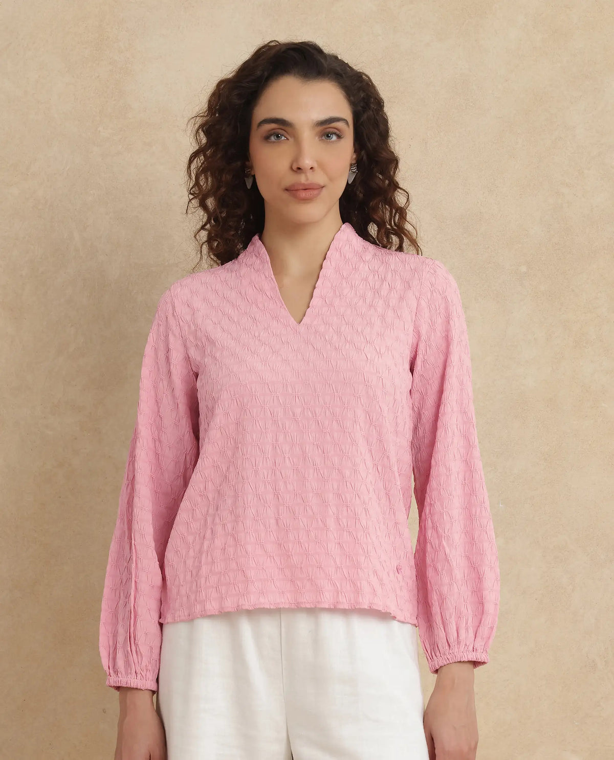 Rareism Women Bummo Light Pink Balloon Sleeve V-Neck Regular Fit Plain Top