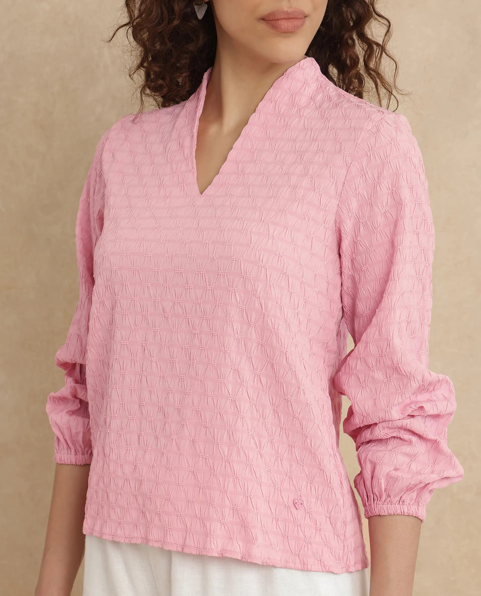 Rareism Women's Bummo Light Pink Polyester V-Neck Plain Balloon Sleeve Regular Fit Top