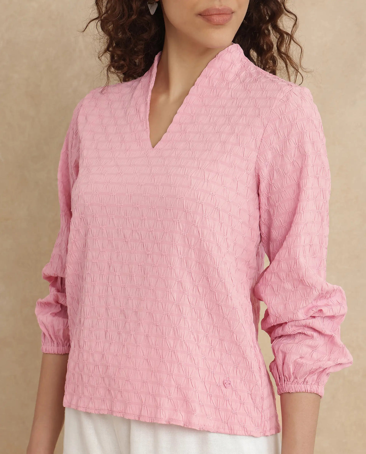 Rareism Women Bummo Light Pink Balloon Sleeve V-Neck Regular Fit Plain Top