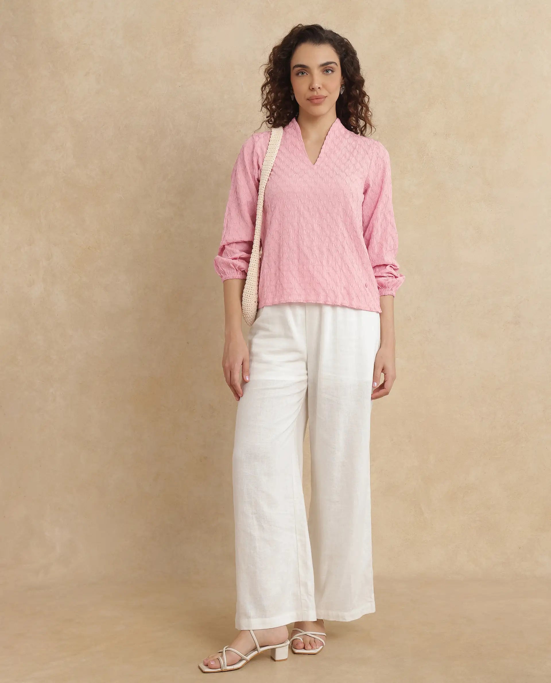 Rareism Women's Bummo Light Pink Polyester V-Neck Plain Balloon Sleeve Regular Fit Top