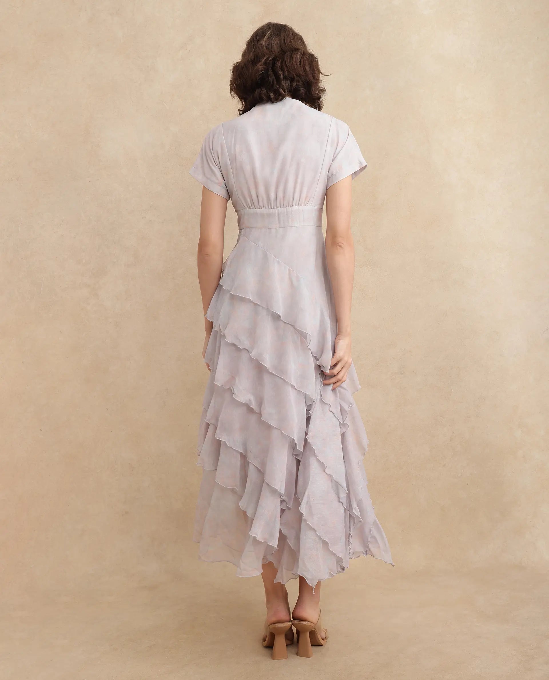 Rareism Women's Bunf Beige Cotton Built-Up Neck Abstract Print Sleeveless Midi Flared Dress