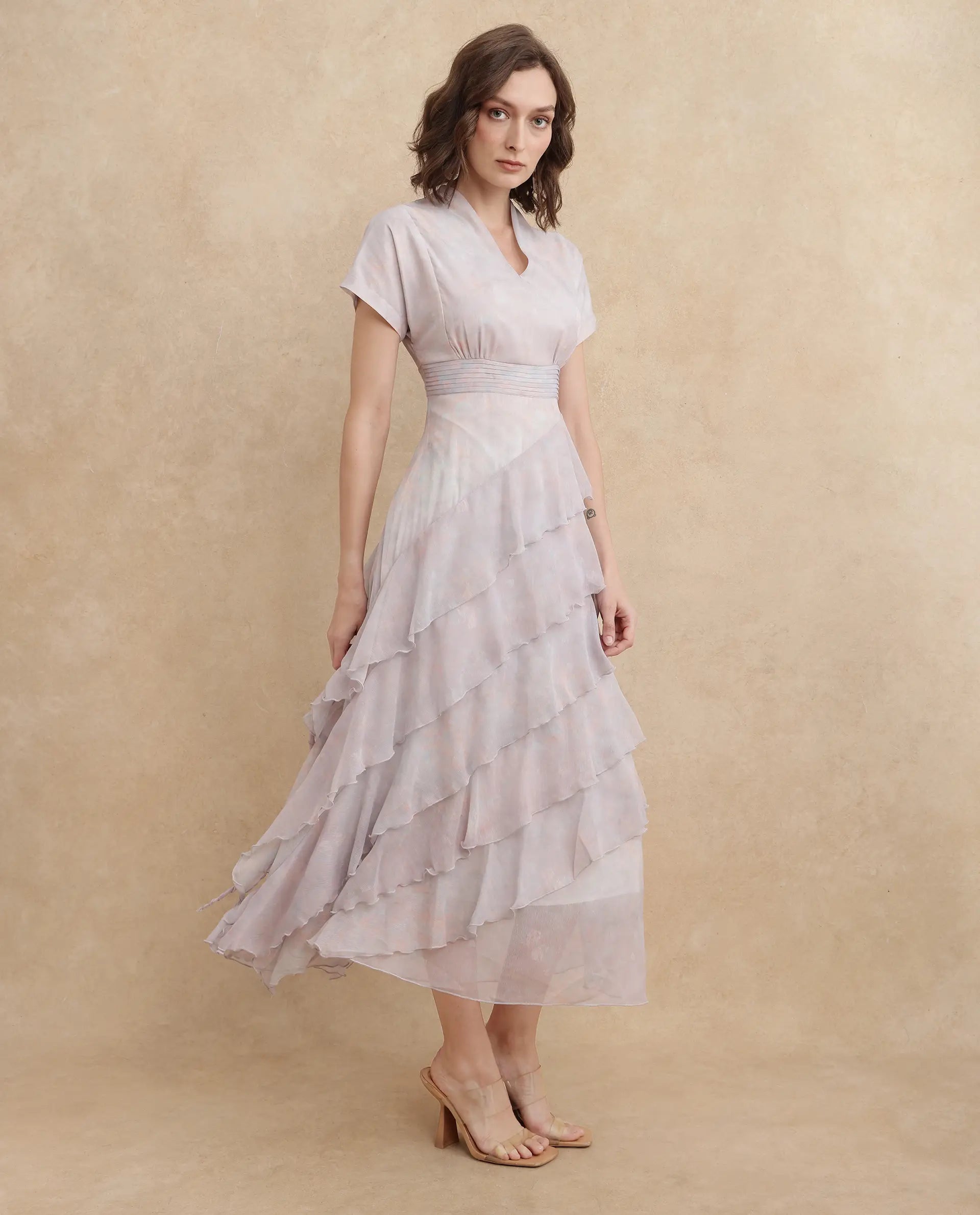 Rareism Women Bunf Beige Sleeveless Built Up Neck Flared Midi Abstract Print Dress