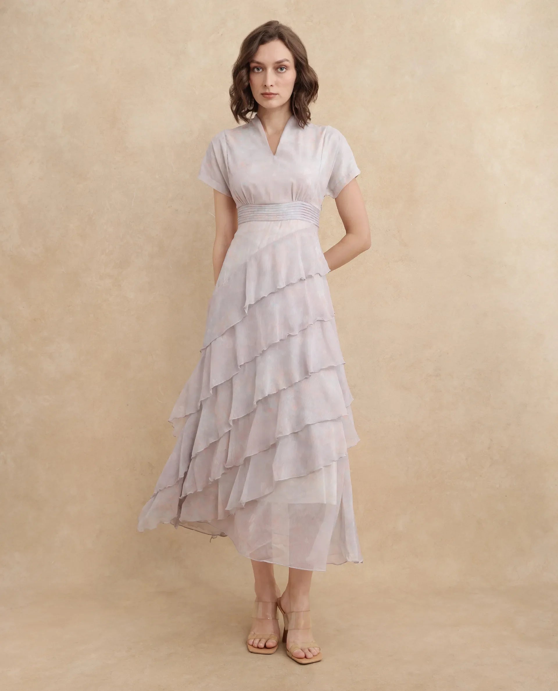 Rareism Women Bunf Beige Sleeveless Built Up Neck Flared Midi Abstract Print Dress