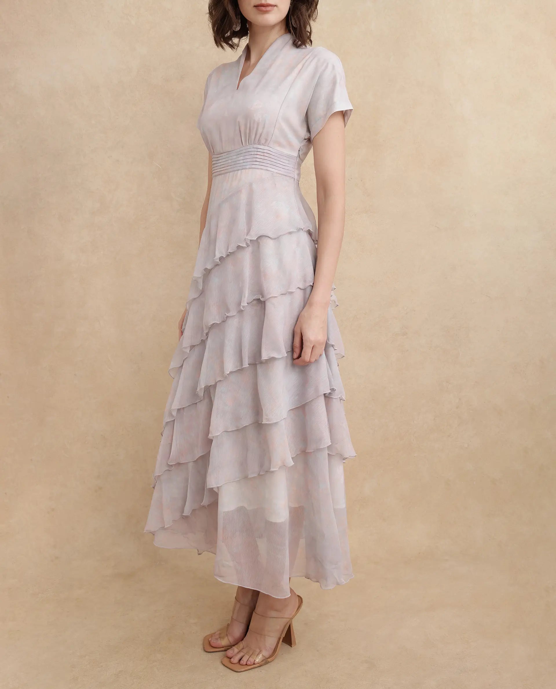 Rareism Women's Bunf Beige Cotton Built-Up Neck Abstract Print Sleeveless Midi Flared Dress