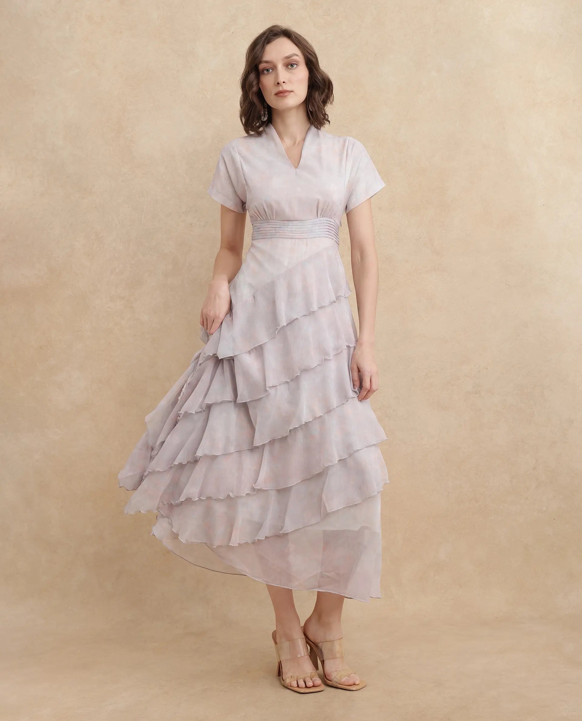 Rareism Women Bunf Beige Sleeveless Built Up Neck Flared Midi Abstract Print Dress