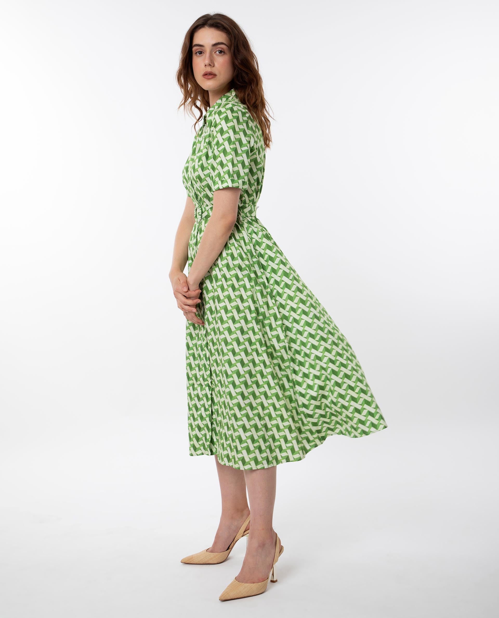 Rareism Women's Bunt Green Cotton Spread Collar Geometric Print Knee Length Regular Fit Dress
