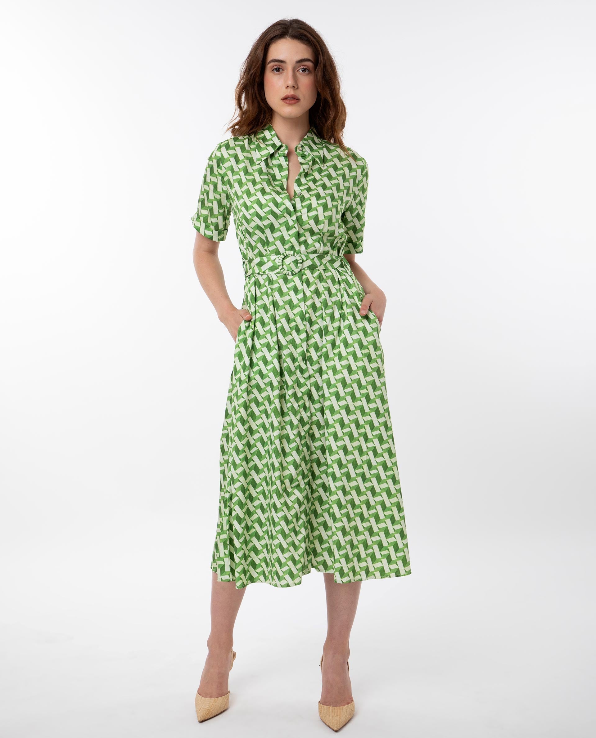 Rareism Women's Bunt Green Cotton Spread Collar Geometric Print Knee Length Regular Fit Dress