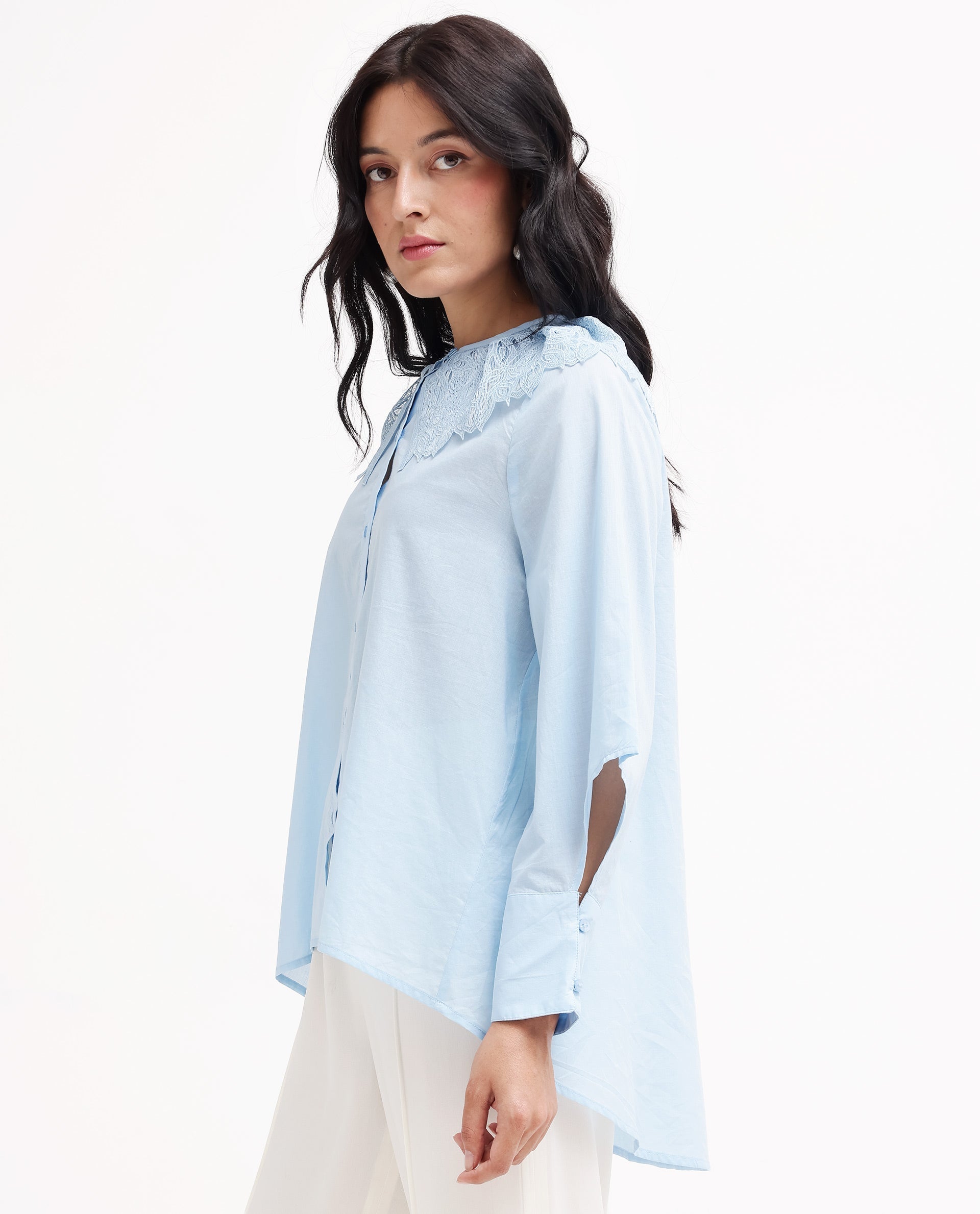 Rareism Women Burrido Light Blue Cotton Fabric Collared Neck Solid Regular Fit Shirt