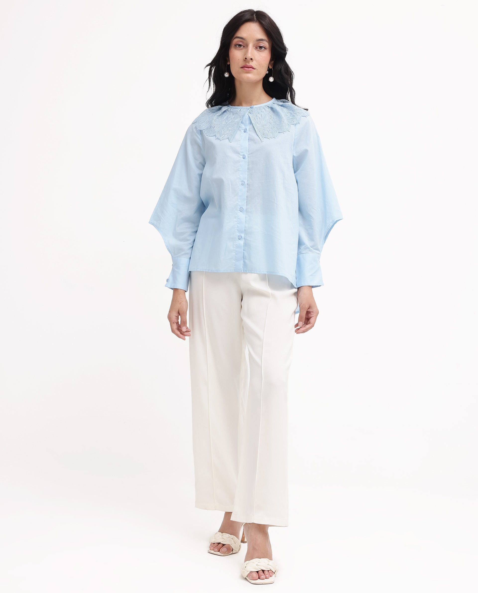 Rareism Women Burrido Light Blue Cotton Fabric Collared Neck Solid Regular Fit Shirt