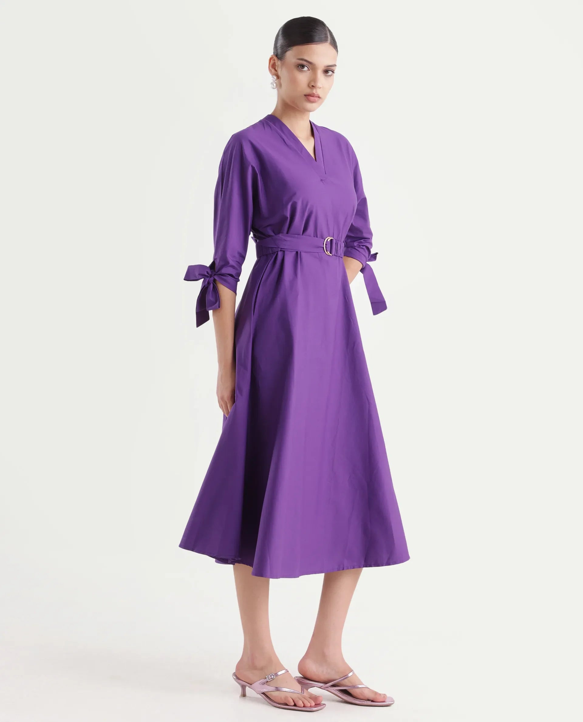 Rareism Women's Buyn Purple Cotton Blend V-Neck Plain Tie Up Sleeve Midi Flared Dress