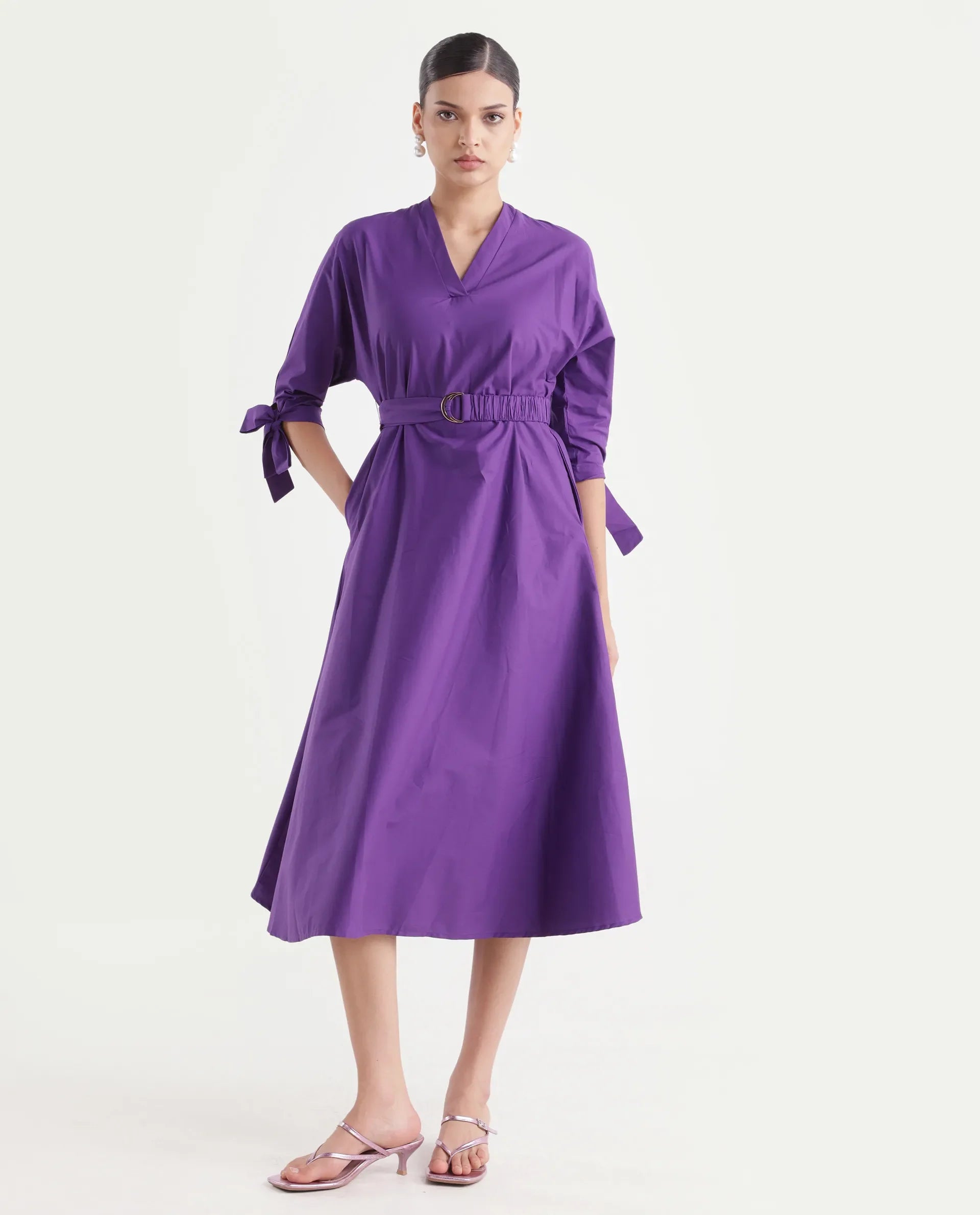 Rareism Women's Buyn Purple Cotton Blend V-Neck Plain Tie Up Sleeve Midi Flared Dress