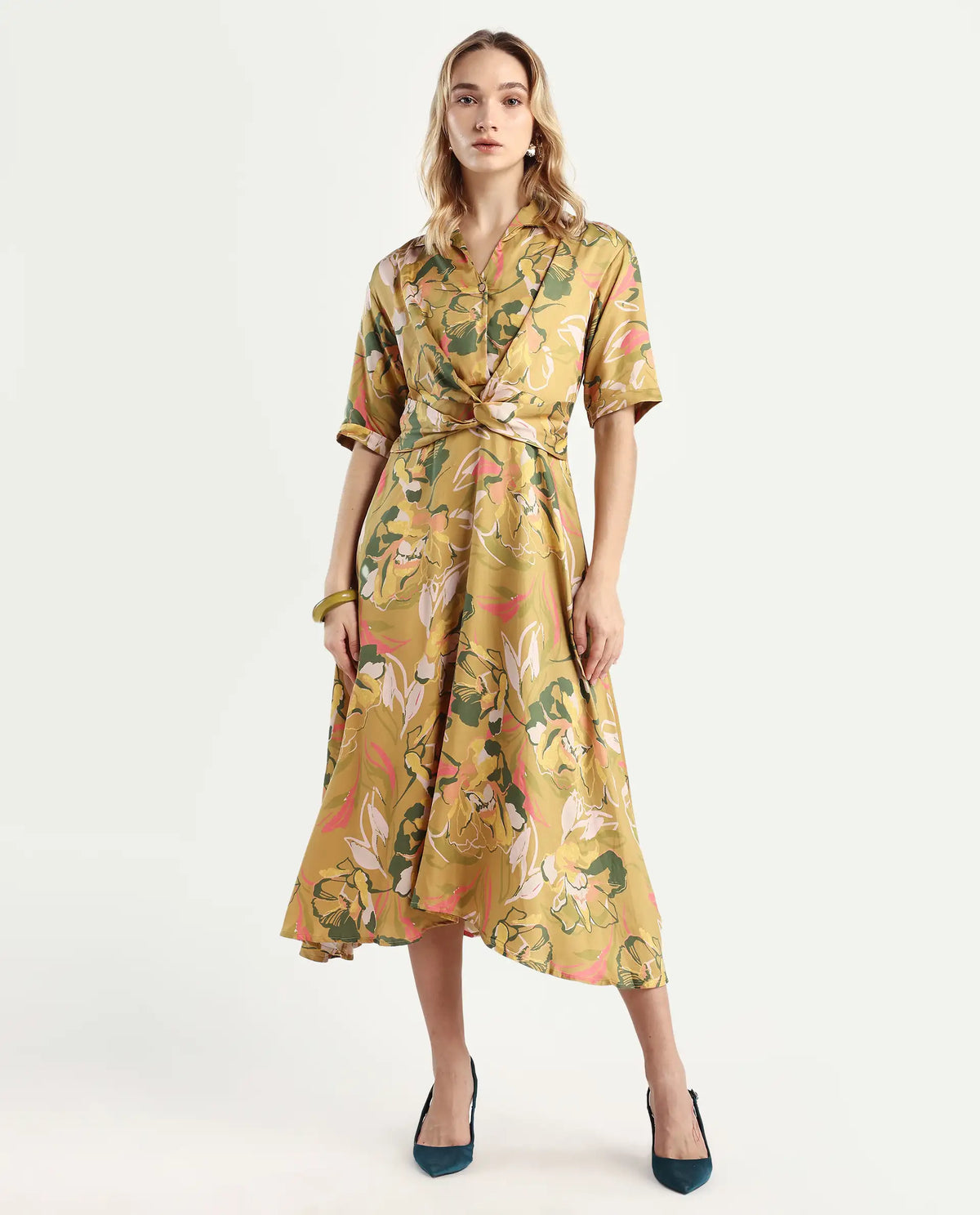 Rareism Women's Buzhip Multi Cotton Blend Drop Collar Floral Print Midi Fit And Flare Dress